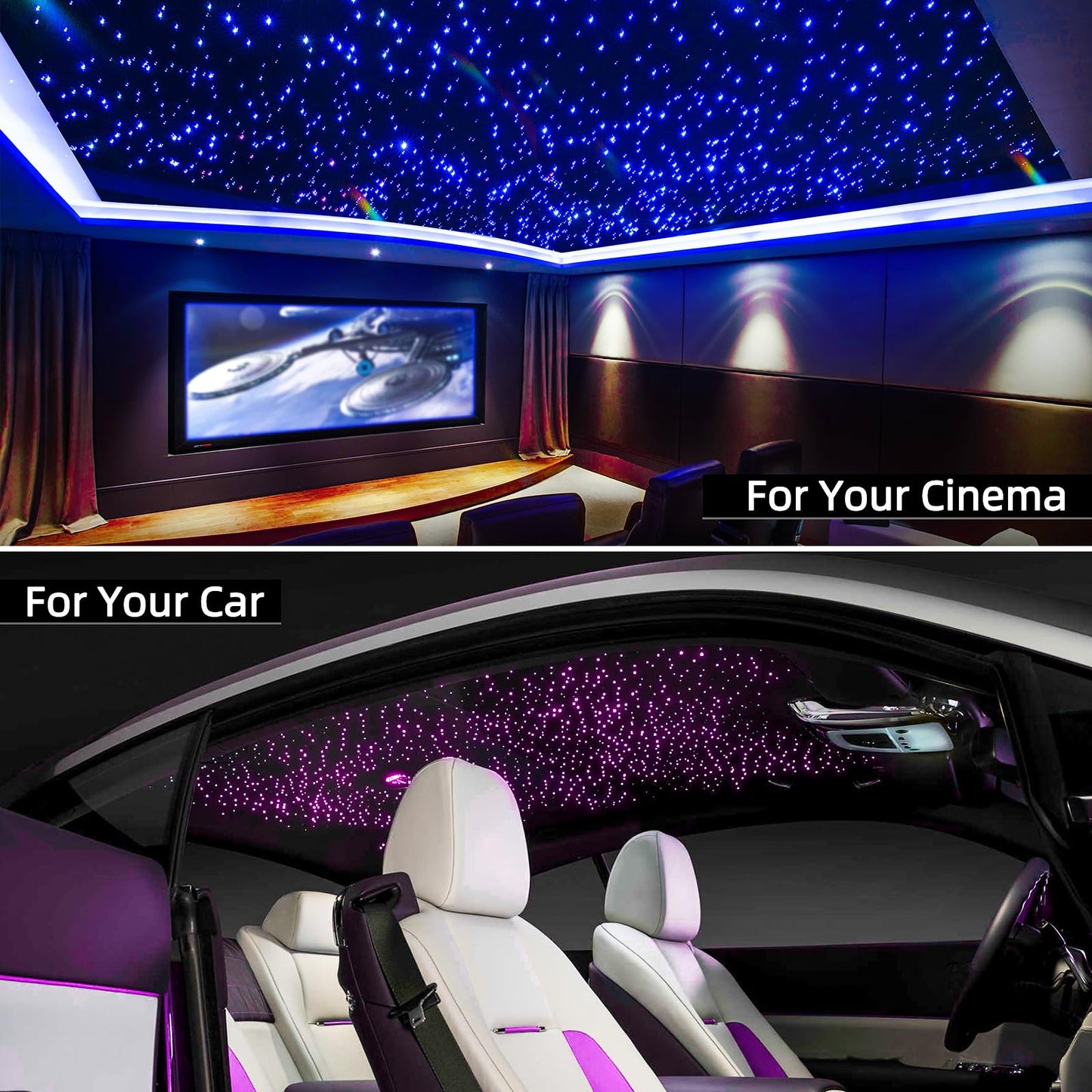 SUNKENET 32W Twinkle Starlight Headliner Kit, 800pcs of (0.03+0.04+0.06in)*13.1ft LED Fiber Optic Lights Kit, Star Ceiling Light+10 Crystals+Adapter+Cigarette Lighter for Car Roof/Home with Music Mode