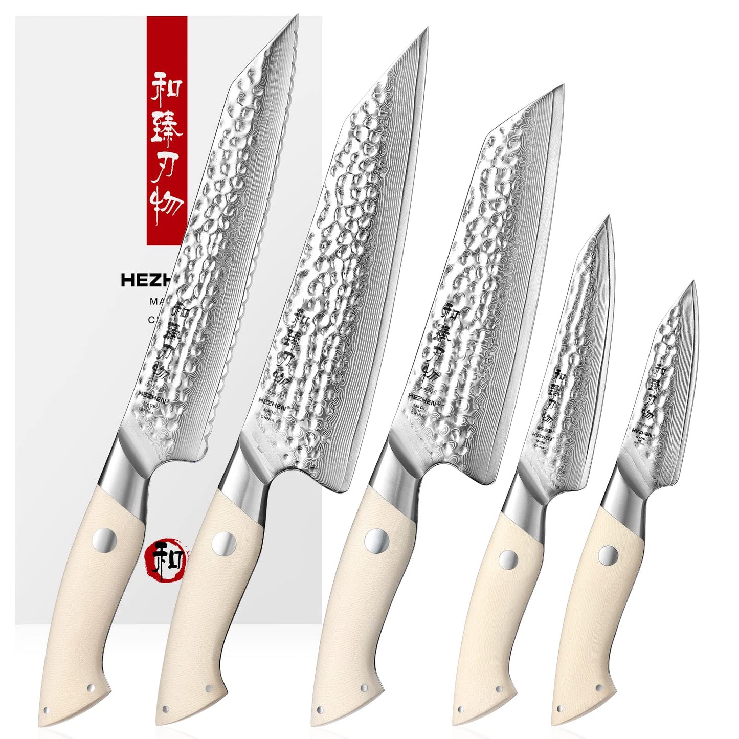 HEZHEN 5PCS Damascus Steel Kitchen Knife Set, 67 Layers Chef, Universal Peeling, Paring, Bread Knife, Ivory White G10 Handle Cooking Tools