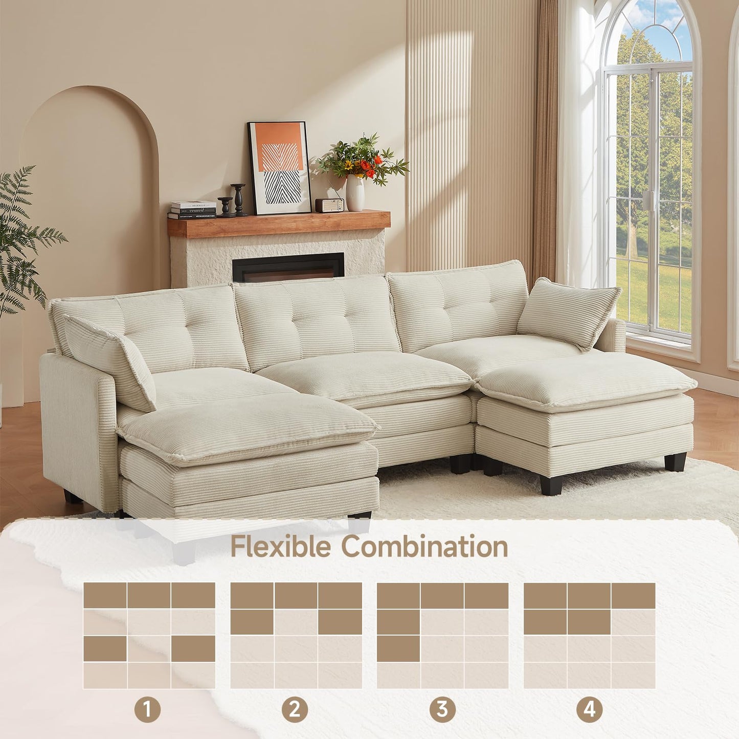 Amsleekey Modular Sectional Sofa, 111.5" U-Shaped Corduroy Comfy Sectional Couches for Living Room, 3-Seater Cloud Couches with 2 Movable Ottomans, Flexible Combination Modern Deep Seat Sofa (Beige)