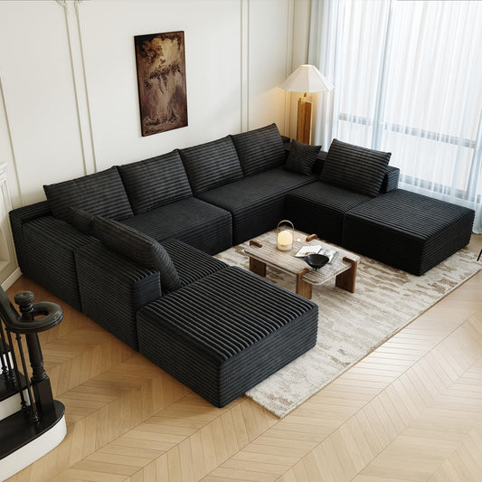 139.4" Modular Sectional Sofa Couch, Oversized U-Shaped Minimalist Couches with 2 Ottomans Chaise and 2 Middle Seats, Modern Deep Seat Cloud Plush Corduroy Sofas Set for Living Room, 8 Seater, Black