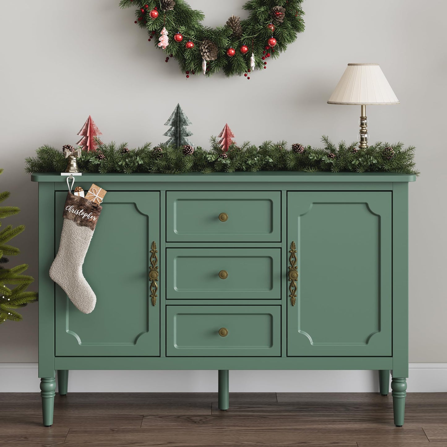 FansaFurn Green Storage Cabinet, Mid-Century Buffet Cabinet with 2 Doors & 3 Drawers, Accent Sideboard Cabinet with Adjustable Shelves & Turned Legs, Great for Entryway, Living Room, Dining Room