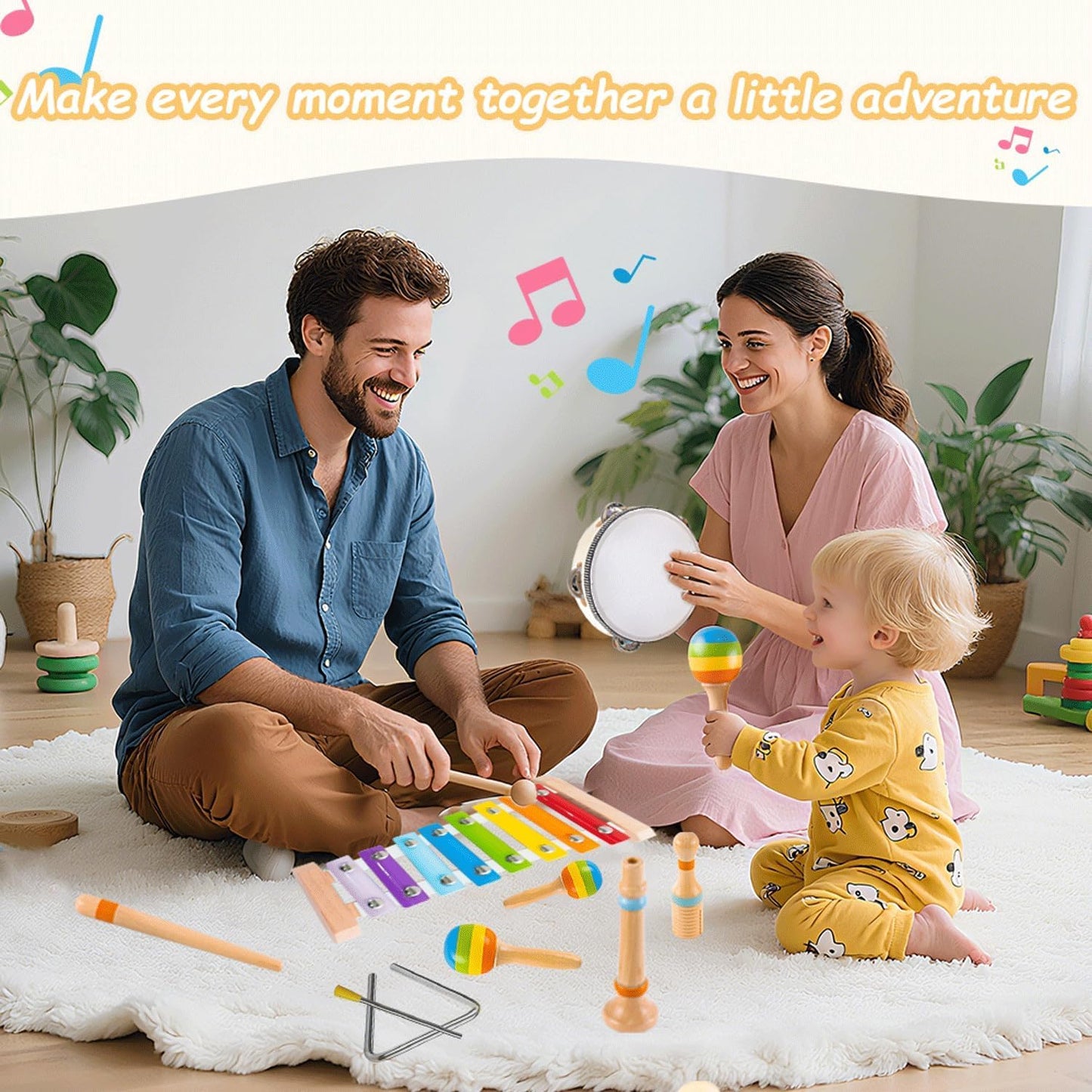 Montessori Toys for 1 2 Year Old, Wooden Musical Instruments for Toddlers 1-3, Educational Baby Drum Set with Xylophone & Maracas, First Birthday Gifts for Boys Girls, Easter Basket Stuffers for Kids