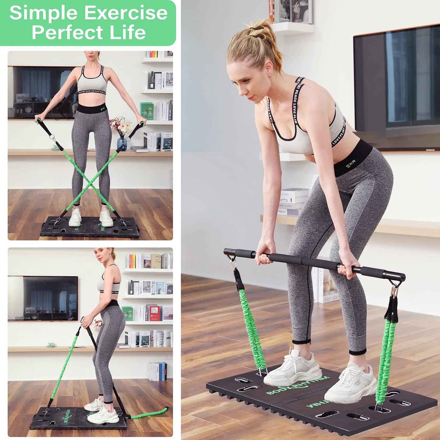 BODY RHYTHM Portable Home Gym Workout Equipment - Includes 4 x Resistance Bands, Collapsible Bar, Handles and More - Full Body Workouts System for Women & Men.