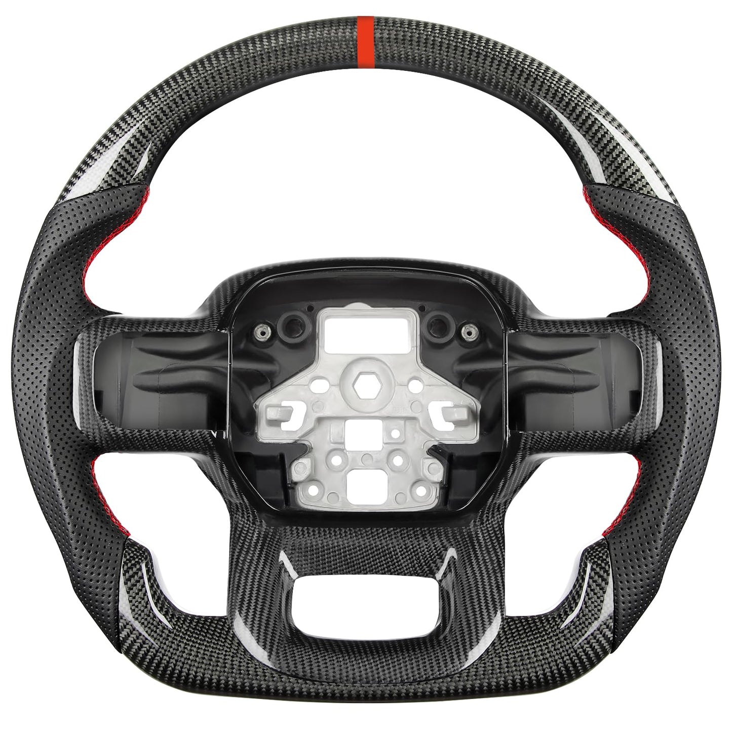 TESFEEL Real Carbon Fiber Steering Wheel for Ford F150 (2021-2025), D-Shape, Red Stripe & Stitching Nappa Leather, Includes Matching Trim, for F-150 XL, STX, XLT, SSV, Pro, Flash
