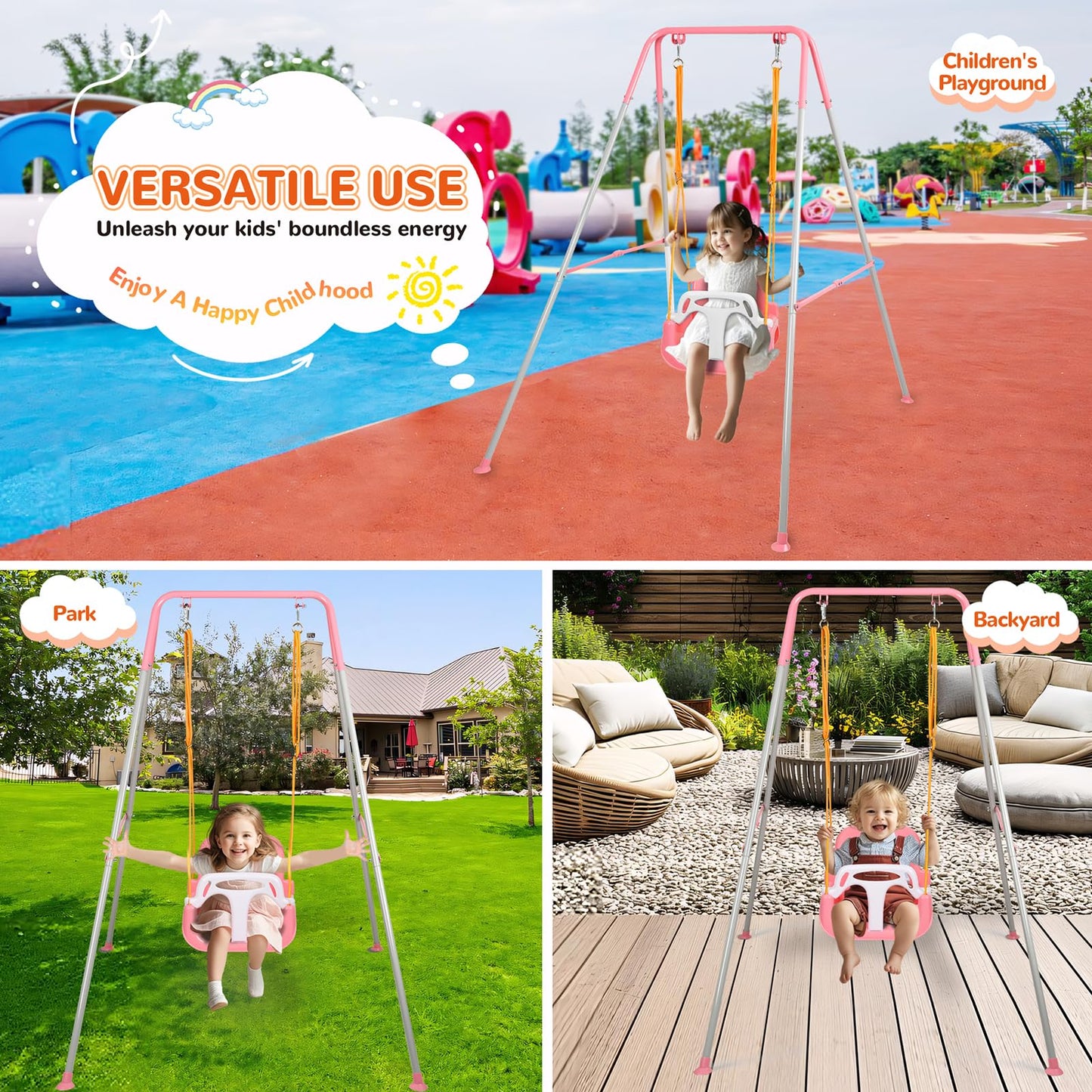 3-in-1 Toddler Swing Set, Indoor & Outdoor Baby Swing Heavy Duty Swing Set with Foldable Metal Stand for Aged 6 Months to 10 Years Old, Easy to Assemble and Store (Pink)