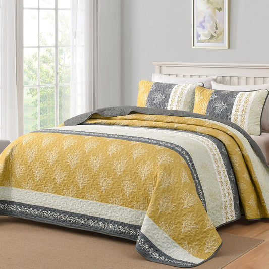 DJY Yellow Boho Quilt Set Queen Size, Striped Floral Yellow and Grey Bedspread Coverlet, 3 Pieces Patchwork Stripe Quilt Bedding Set Soft Microfiber Reversible Bedspread for All Season (96"x90")