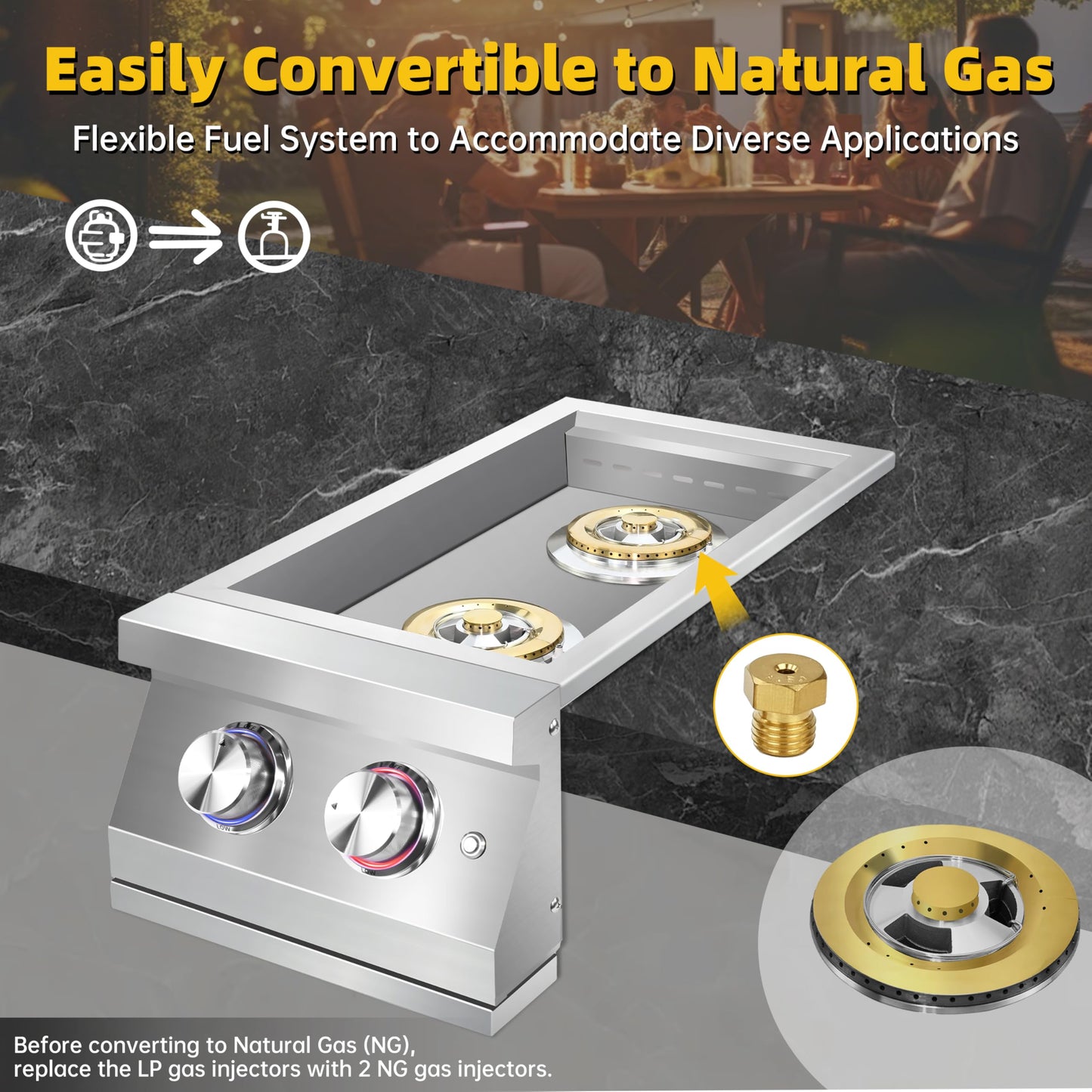 Qualipo Double Grilling Side Burners for Outdoor Kitchen, 2 * 17,000BTU Liquid Propane Burners, Convertible to Natural Gas, Heavy-Duty 304 Stainless Steel, Built-in Side Burner for BBQ Grill Island