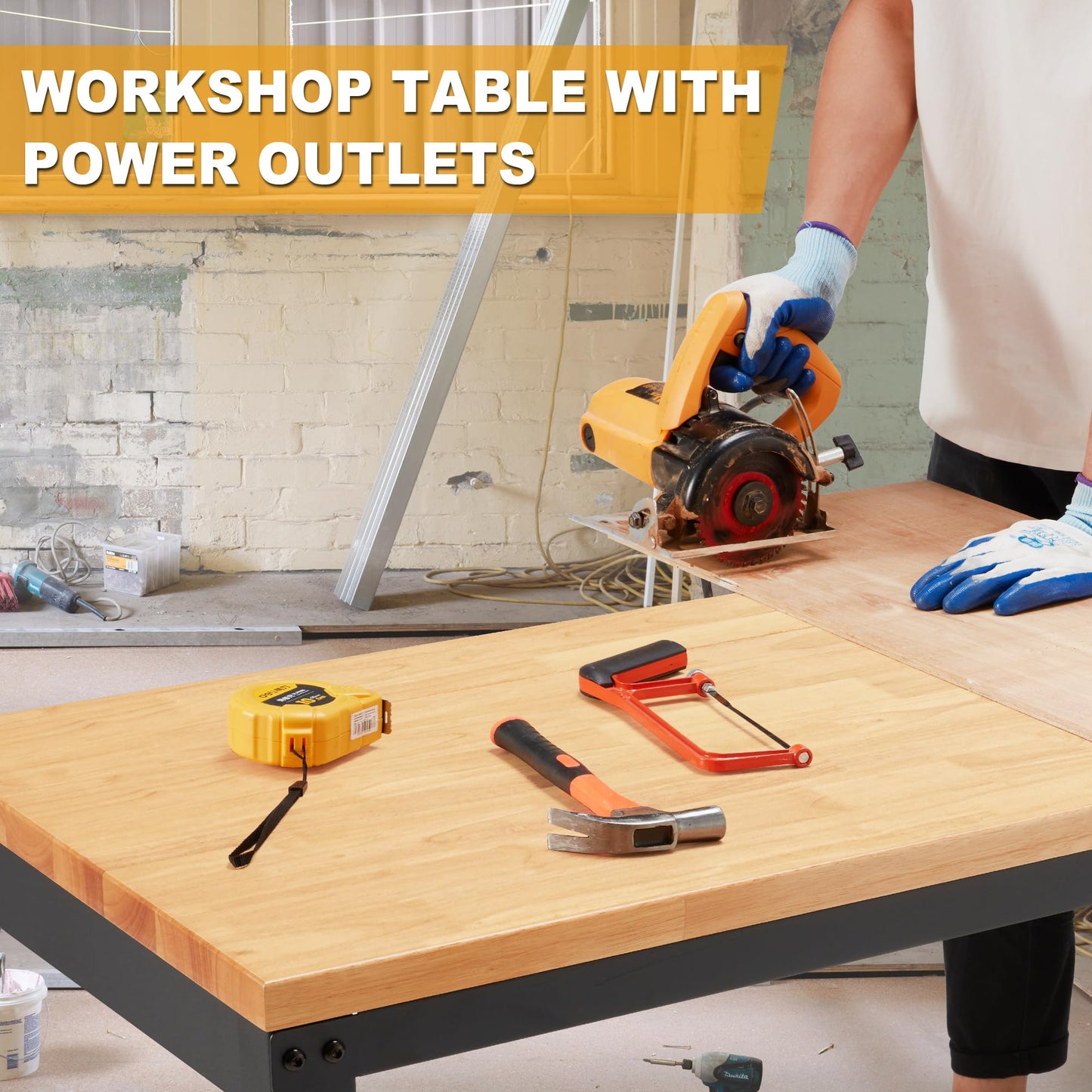HABUTWAY Height Adjustable Workbench 60" 2000 Lbs Capacity Solid Wood Work Station Heavy-Duty Work Tables with Power Outlets for Garage Party Shop Office