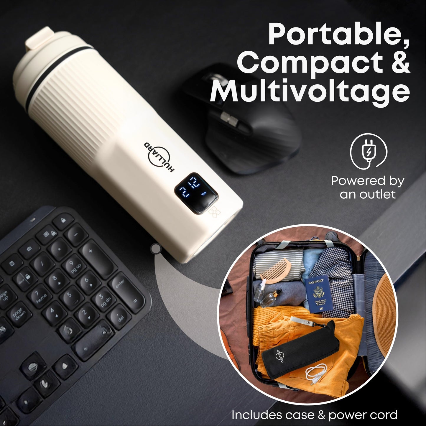 HULLIARD Travel Electric Kettle - 316 Stainless Steel, Portable Tea Kettle & Water Heater, 450ml Portable Water Boiler, 6 Temperature Settings, Auto Shut-Off, Universal Voltage (100-240V)