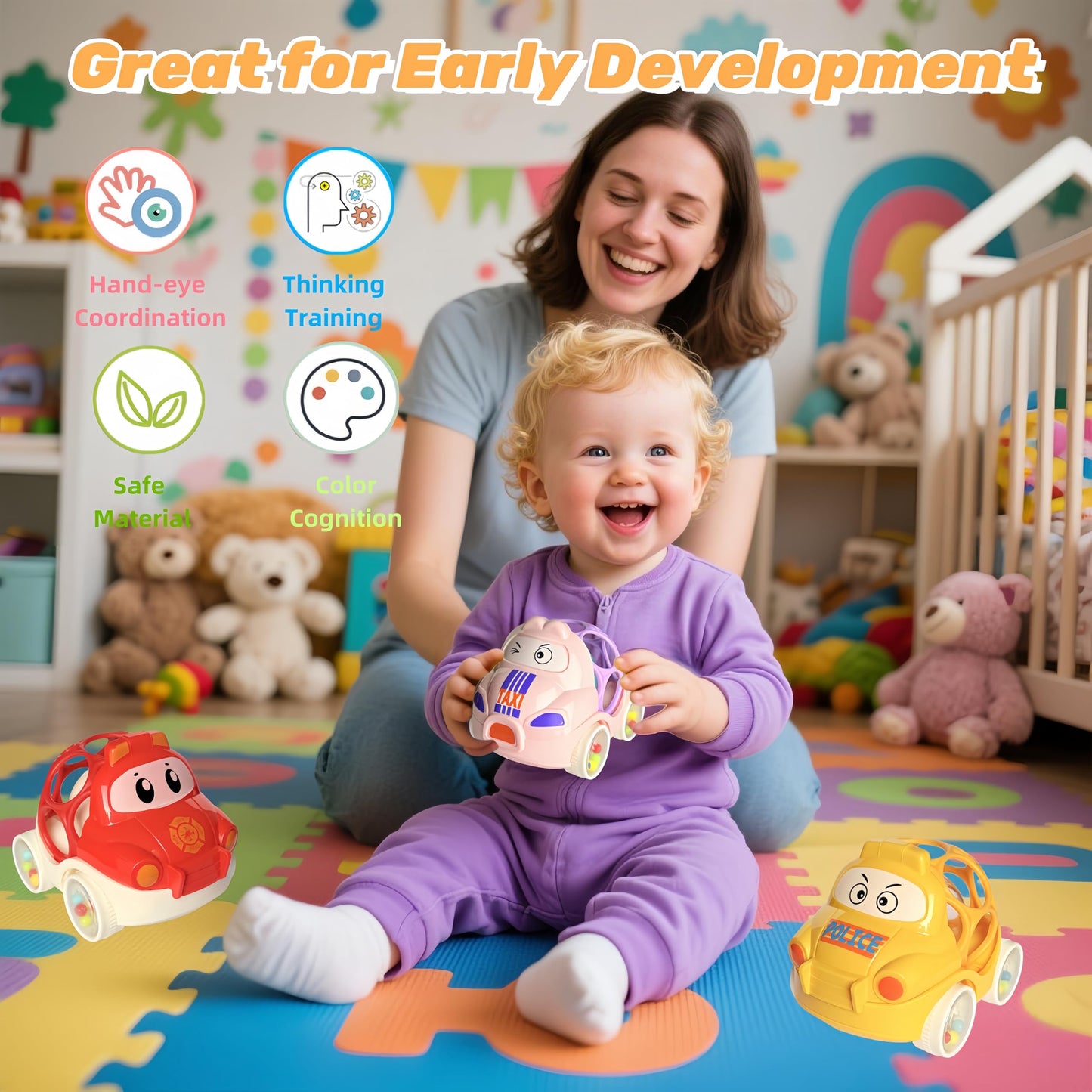 Toy Cars for 1 Year Old Boy and Girl, Extra Large Toddler Push and Go Rattle Car for Baby Boys 12-18 Months, First Birthday Gifts Christmas for Rattles Noisy Cars Trucks Active Toddler Boys Toys