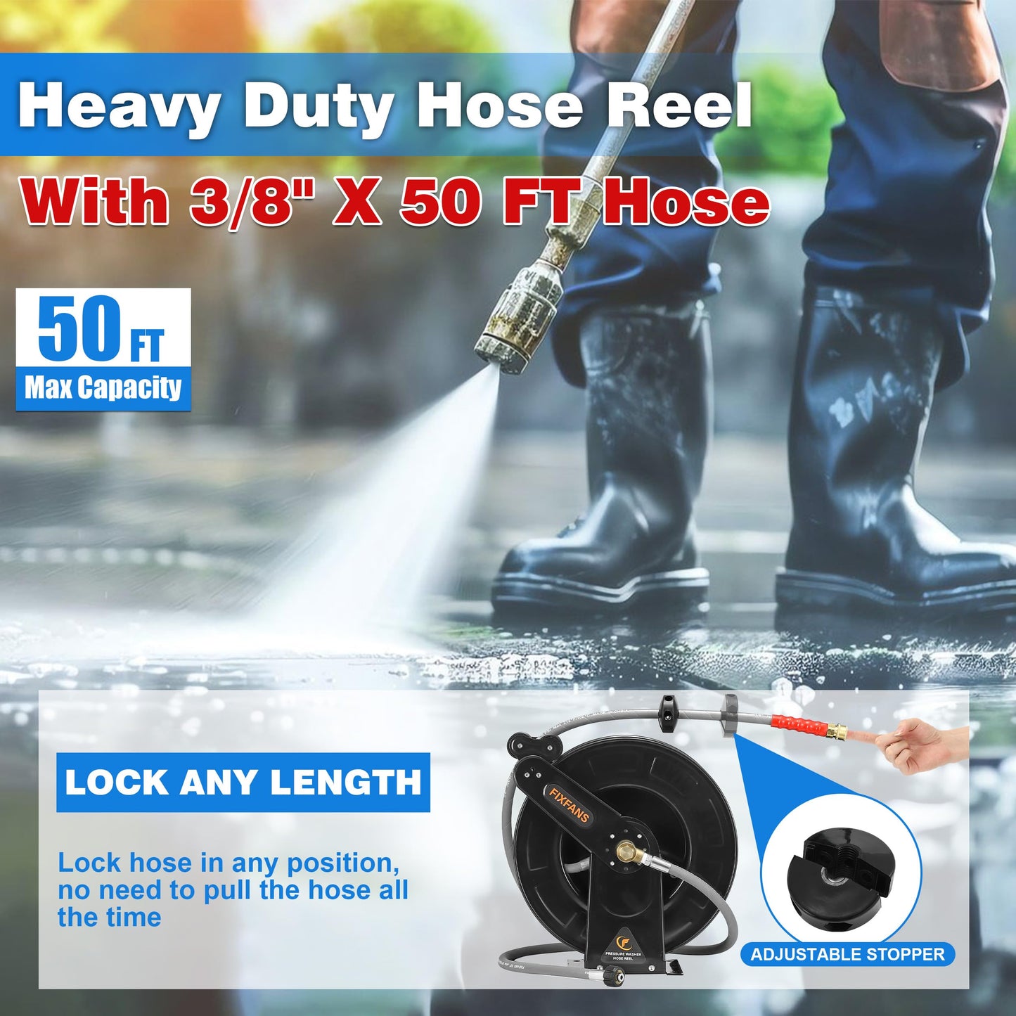 FIXFANS Pressure Washer Hose Reel with Hose for Hot and Cold Water, 3/8" X 50 FT Steel Auto-Retractable High Power Wash Hose Reel, Heavy Duty Hose Reel - Wire Braided Hose 4000 PSI, Black