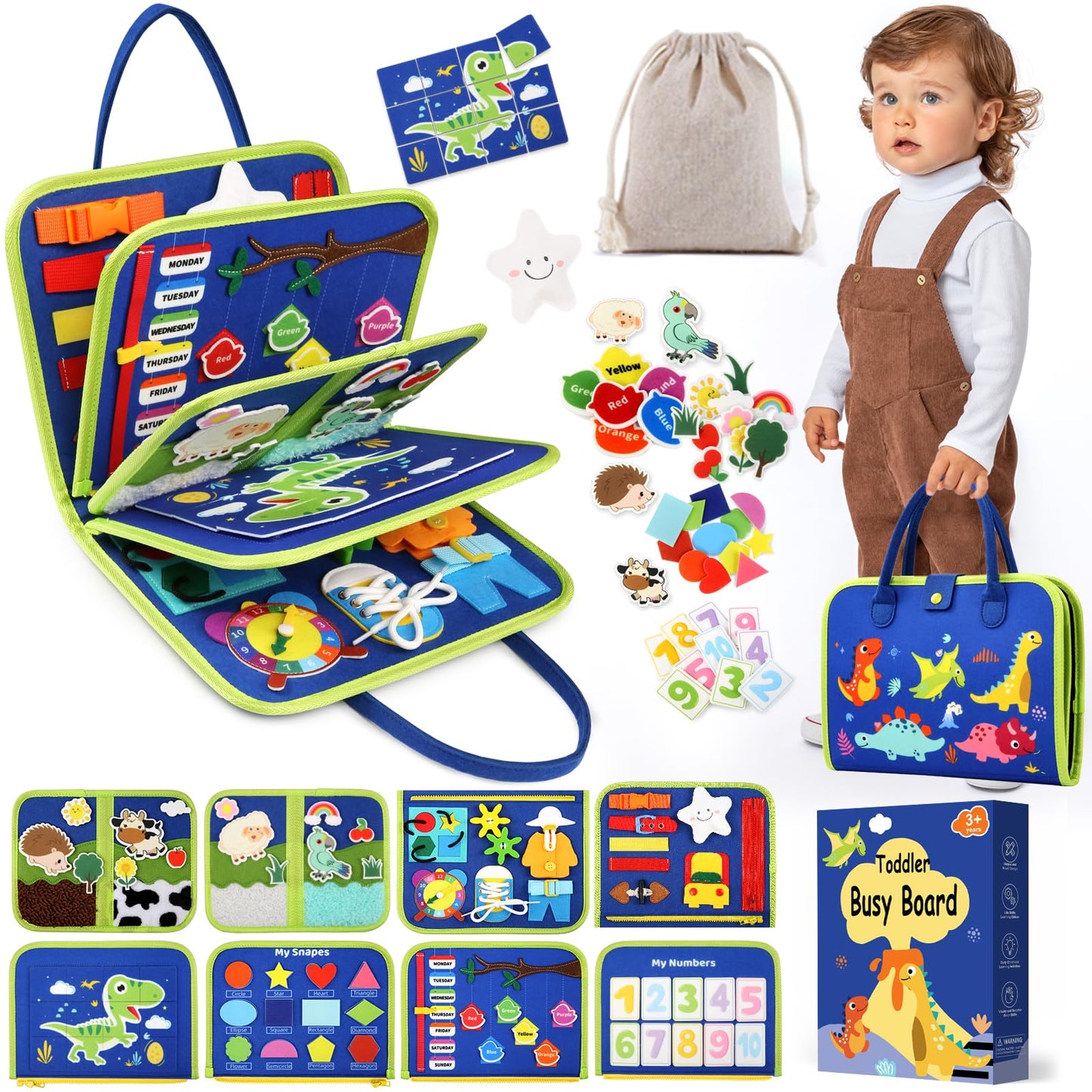 Toddler Sensory Busy Board: Travel Toy Activity Book for Girls Boys, Motor Skill Development Gift for Baby Aged 3-4 Years, Fine Educational Preschool Montessori Learning Toy for Car Airplane Dinosaur