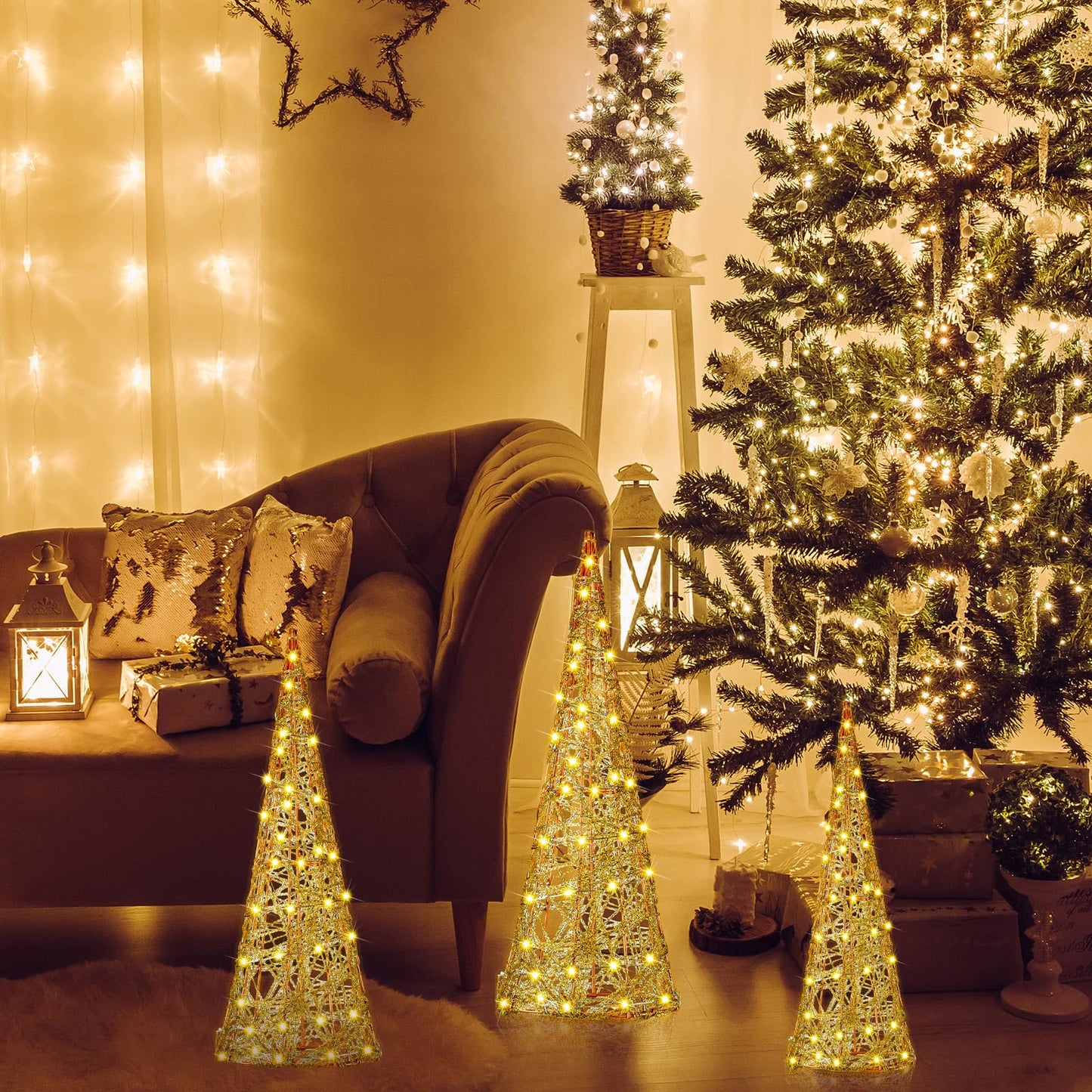 Baquler 3 Pcs LED Lighted Christmas Cone Trees Christmas Tree Ornament Gold Glittered Battery Operated Christmas Decoration Xmas Table Decor for Indoor Home Bedroom Tabletop Centerpiece Holiday Party
