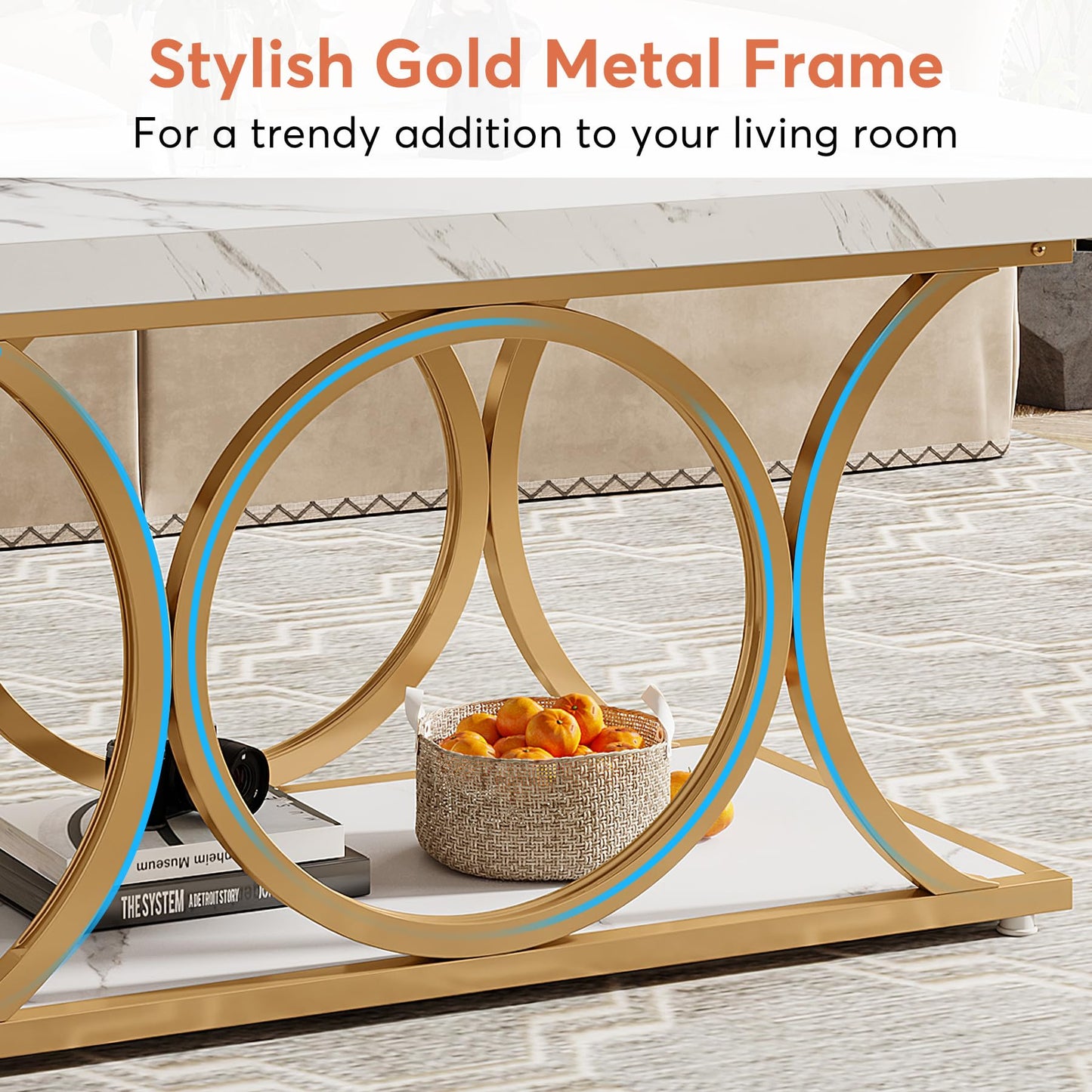 Tribesigns 46.45” Rectangle Coffee Table, Modern Coffee Tables for Living Room, 2-Tier Faux Marble Wood Coffee Table with Geometric Legs, Furniture with Storage Shelf (White & Gold)