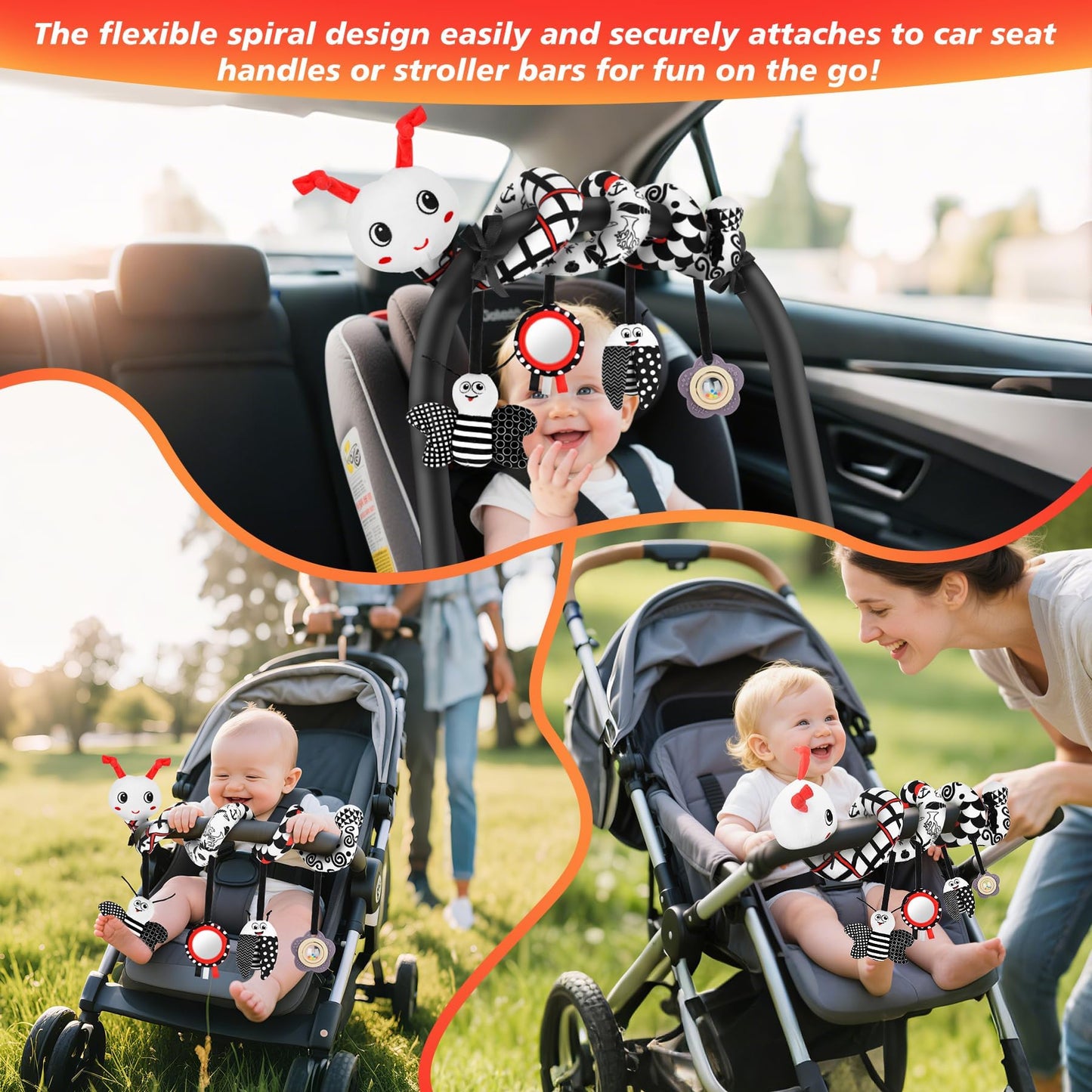 Zendstanding Car Seat Toys for Babies, 0-6 Months Stroller Activity Black White Baby Spiral Plush Toys Newborn High Contrast Sensory Carseat Toys with 4 Pendants Hanging Boys Girls Gift