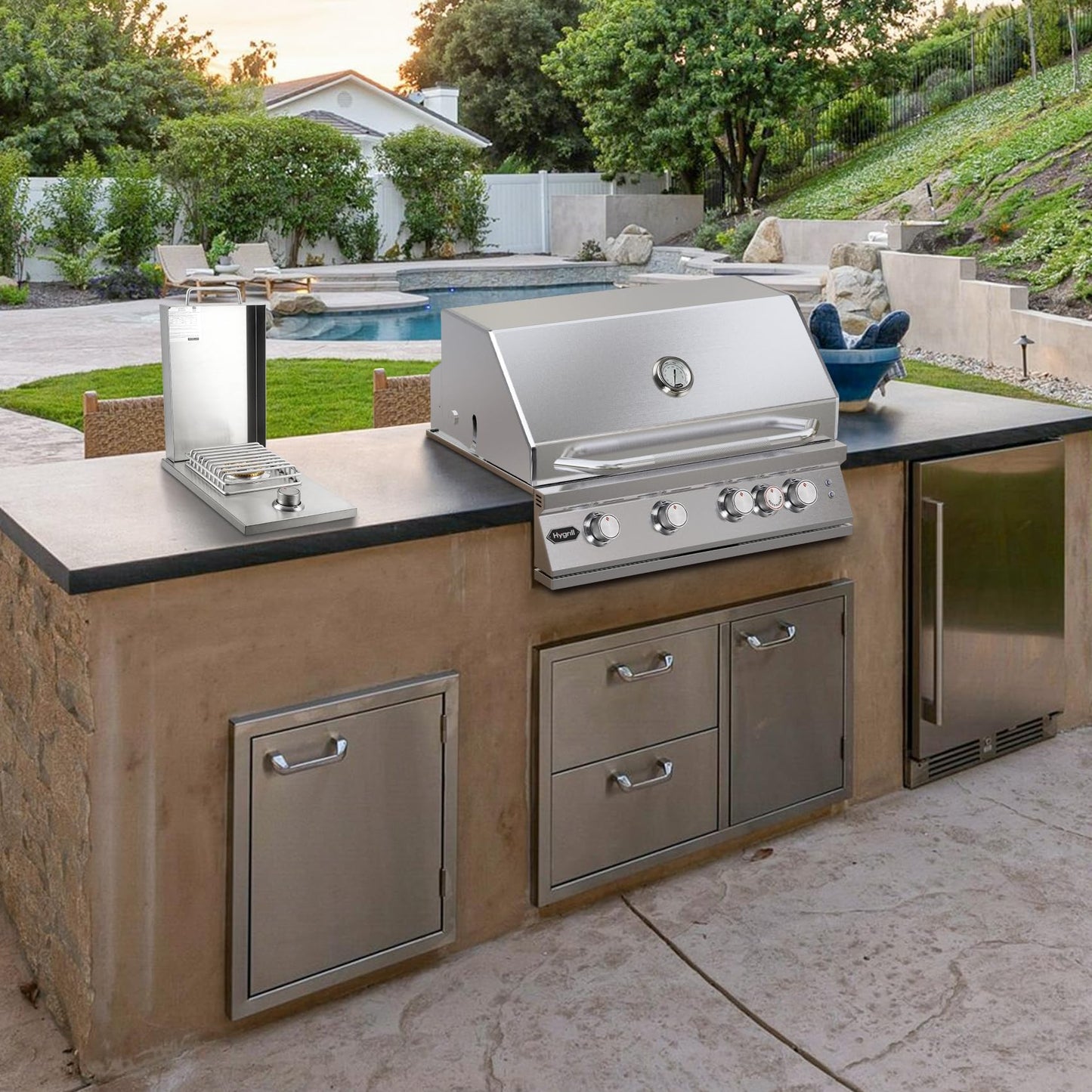 Hygrill Stainless Steel Built In Single Side Burner for Outdoor BBQ Island, Outdoor Kitchen, Liquid Propane, Gray