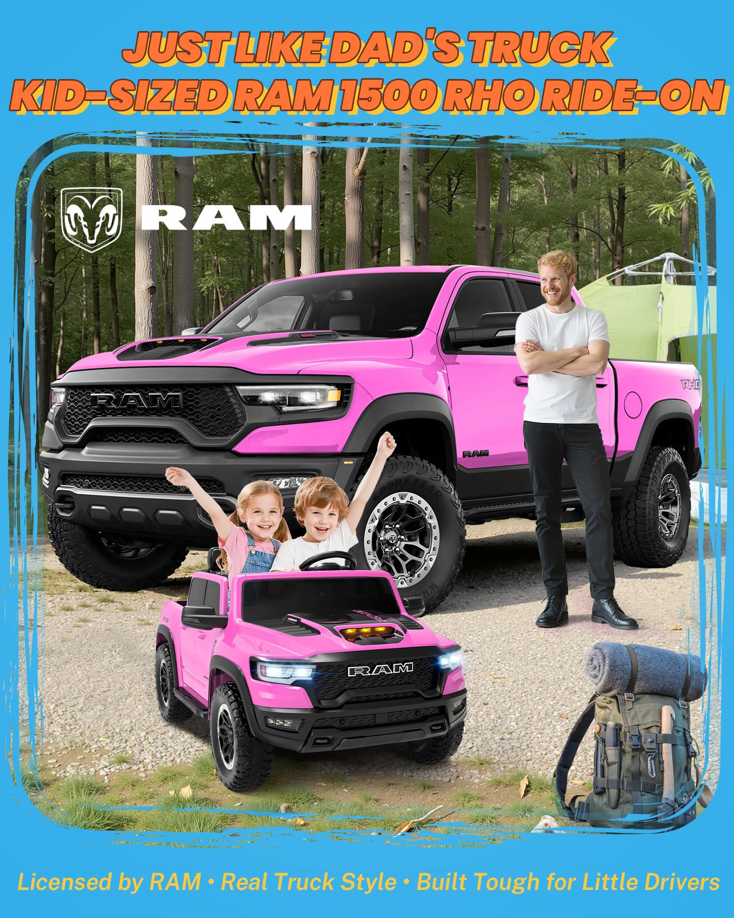 ENYOPRO 24 Volt Ride on Toys for Girls, Licensed RAM 1500 RHO 2 Seater Electric Car w/Remote Control, Kids Electric Vehicles w/Working Truck Tailgate, Suspension, Music, LED Lights (Pink - High Door)