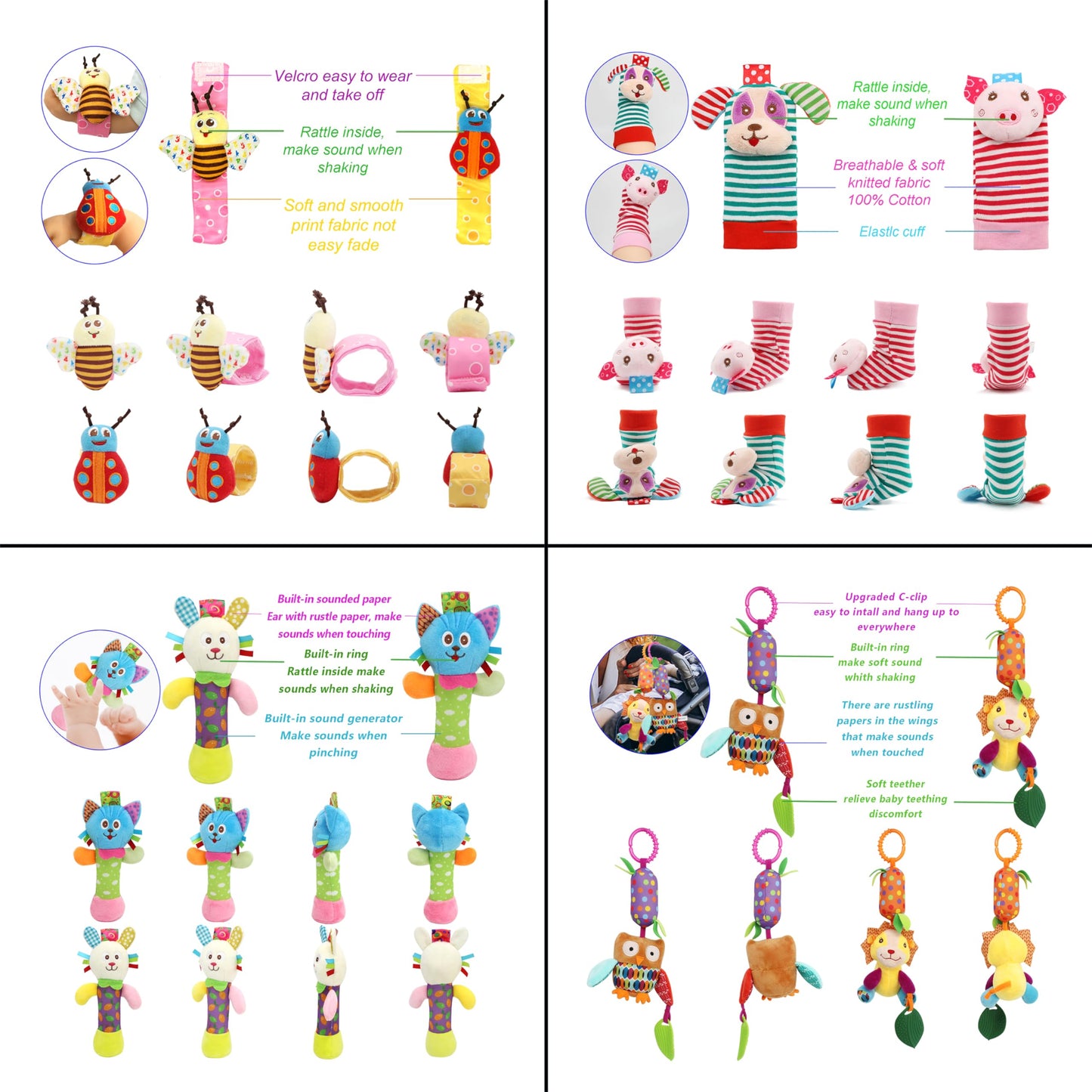 Bloobloomax Baby Soft Hanging Rattle, Wrist Rattle and Hand Foot Rattle Toy, Car Seat Stroller Toys with Plush Animal C-Clip Ring for Infant Babies Boys and Girls 3 6 9 to 12 Months (12PCS-G)