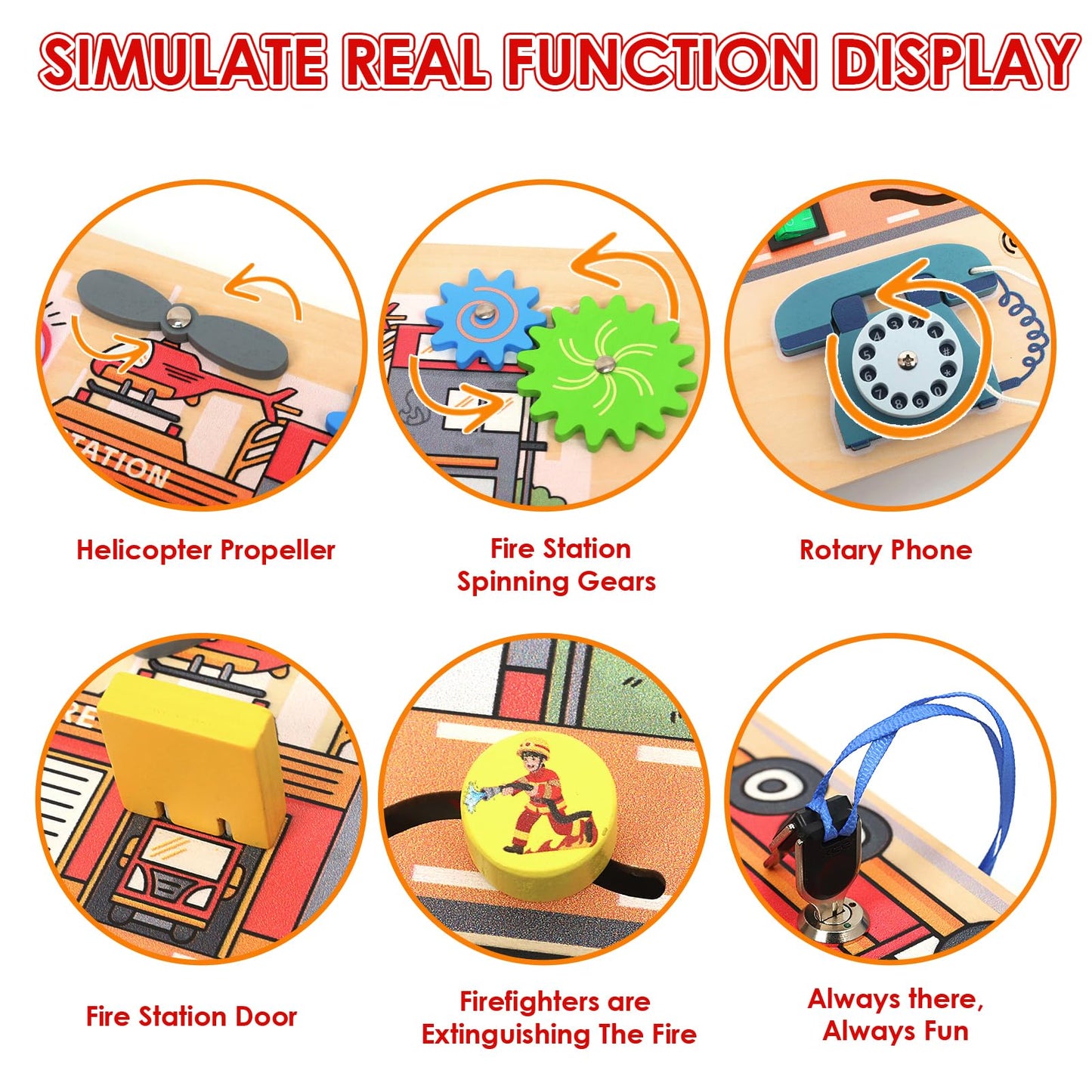 Wdmiya Montessori Busy Board for Toddlers 2-4, Fire Truck Activity Board with LED Lights & Sounds, Wooden Sensory Learning Toy with Rotary Phone, Helicopter & Gears, for 2 3 4 Year Old Boys Girls Gift