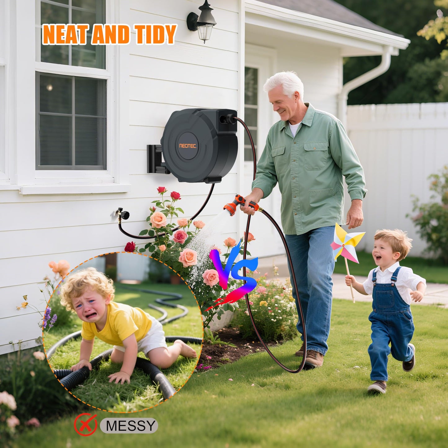 NEOTEC Retractable Garden Hose Reel 1/2 inch x 150ft - Wall Mounted Heavy Duty Hose Reel with 3/4 Inch Brass Fittings & 9-Pattern Nozzle - Auto Rewind System, Any Length Lock, 180° Swivel Bracket