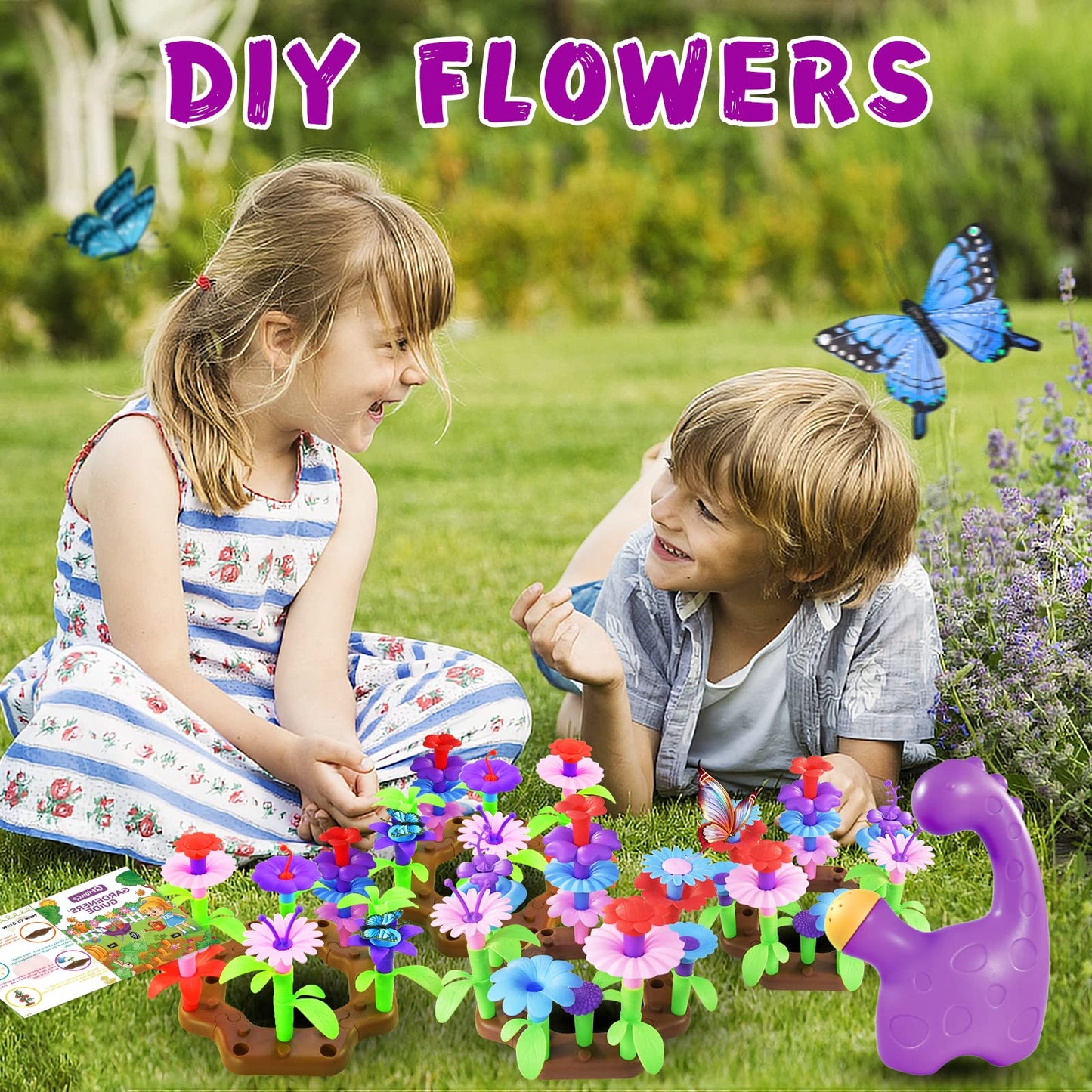 Qtioucp 16Pcs Kids Gardening Tools Outdoor Toys Set Backyard Play with 93 PCS DIY Flower Garden Building Preschool Activities (Purple)