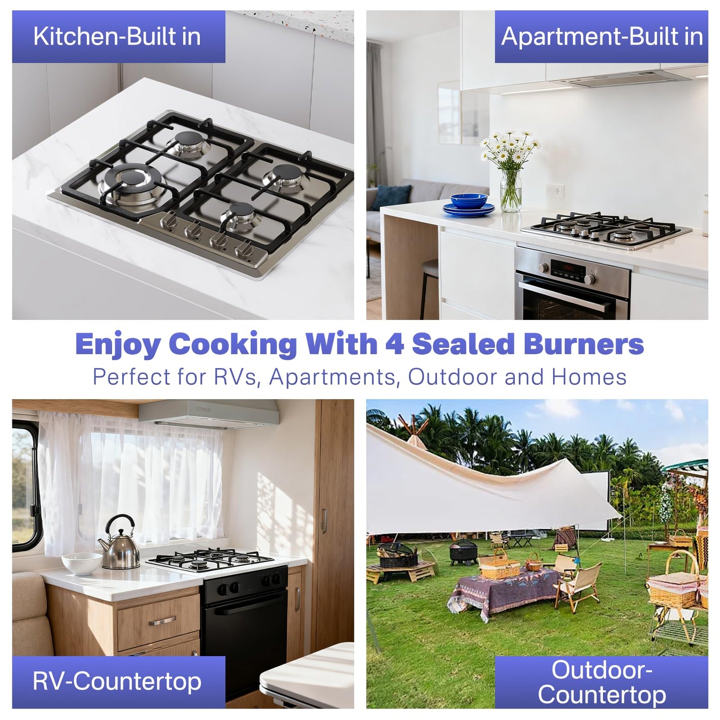 Nardea Gas Stove Top, 4 Burners LPG/NG Convertible Stainless Steel Gas Stove Top with Thermocouple Flameout Protection, Electric Ignition Built-in Countertop Hob for RV, Indoor & Outdoor Use