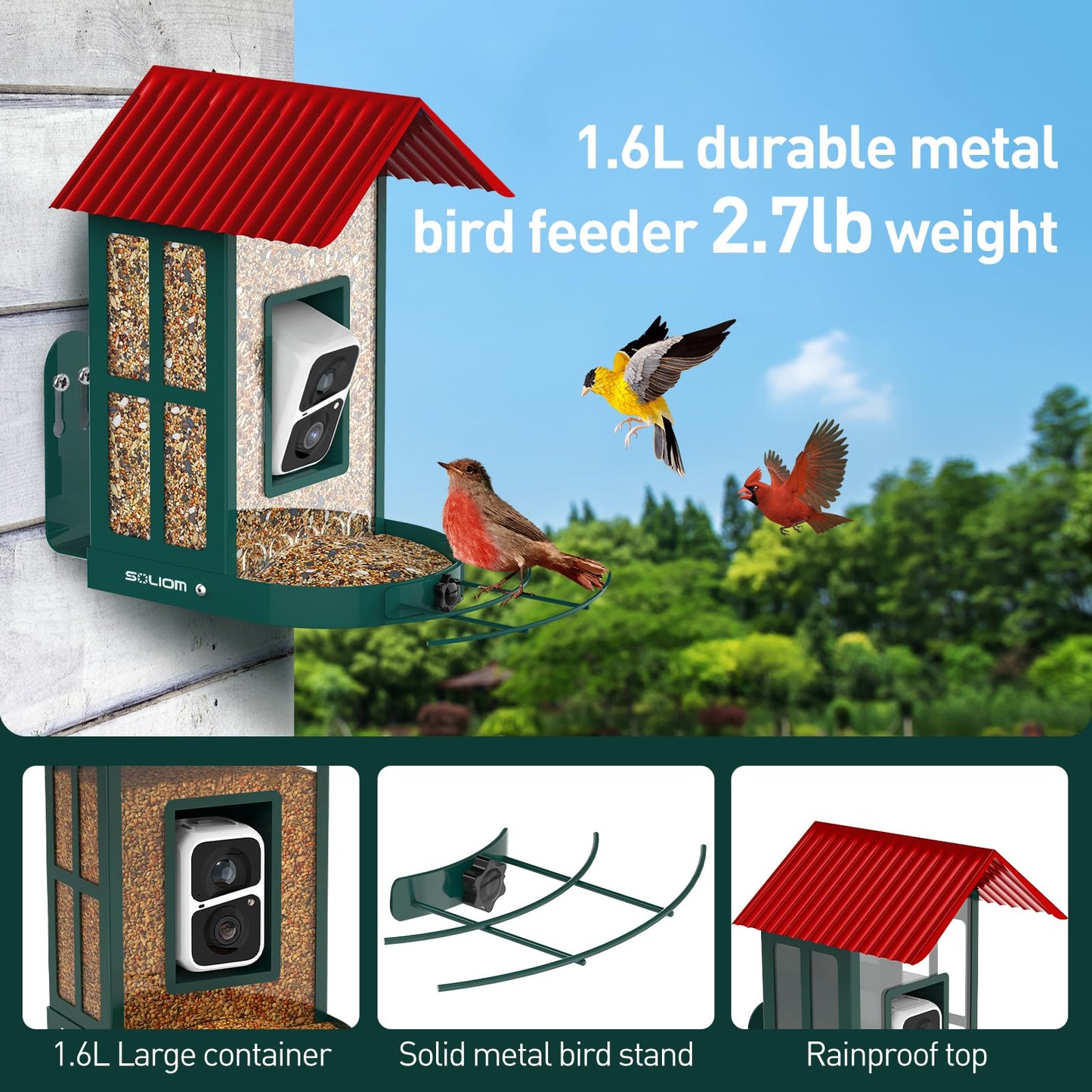 SOLIOM Smart Bird Feeder with Camera for Outdoors, Durable Metal Solar AI Birdhouse, 2K Live View & Instant Alerts, Squirrel-Proof – Complete Bird Watching Gift Set(Red)