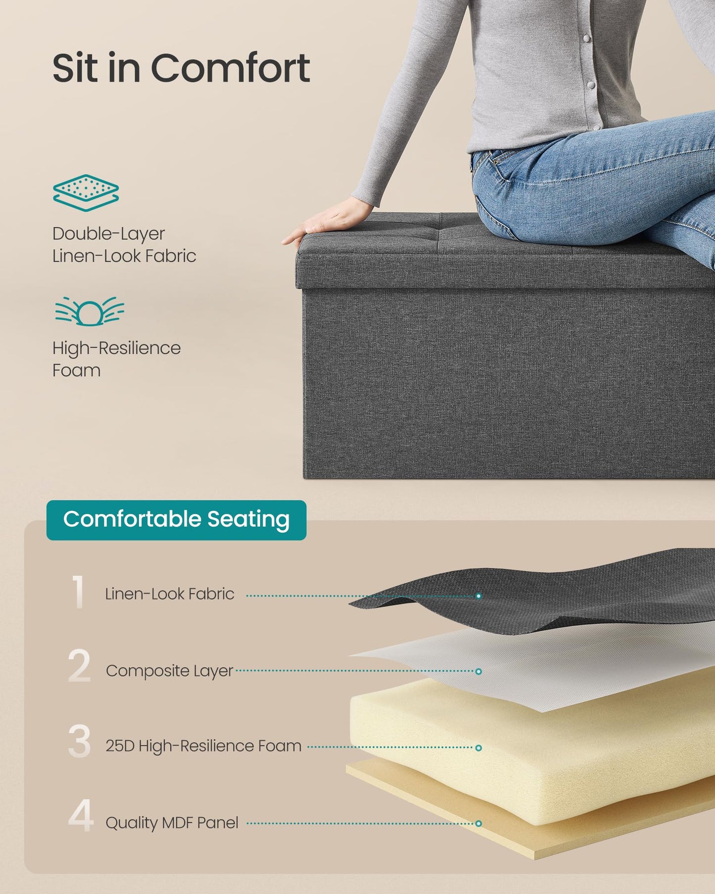 SONGMICS MAZIE Collection - 43 Inches Folding Storage Ottoman Bench, Ottoman Foot Rest, End of Bed Bench, Storage Chest, Load 660 lb, for Living Room, Bedroom, Entryway, Dark Gray ULSF77K