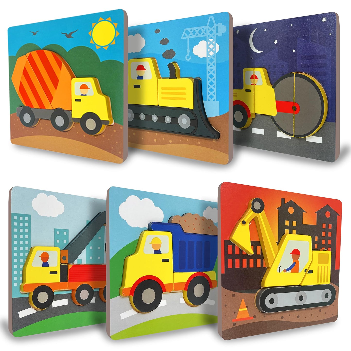 Klevly 6 PK Construction Wooden Toddler Puzzles Ages 2-4 | Wooden Puzzles for Toddlers 1-3 | Montessori Toys for 2 Year Old | Learning for 2+ Year Olds