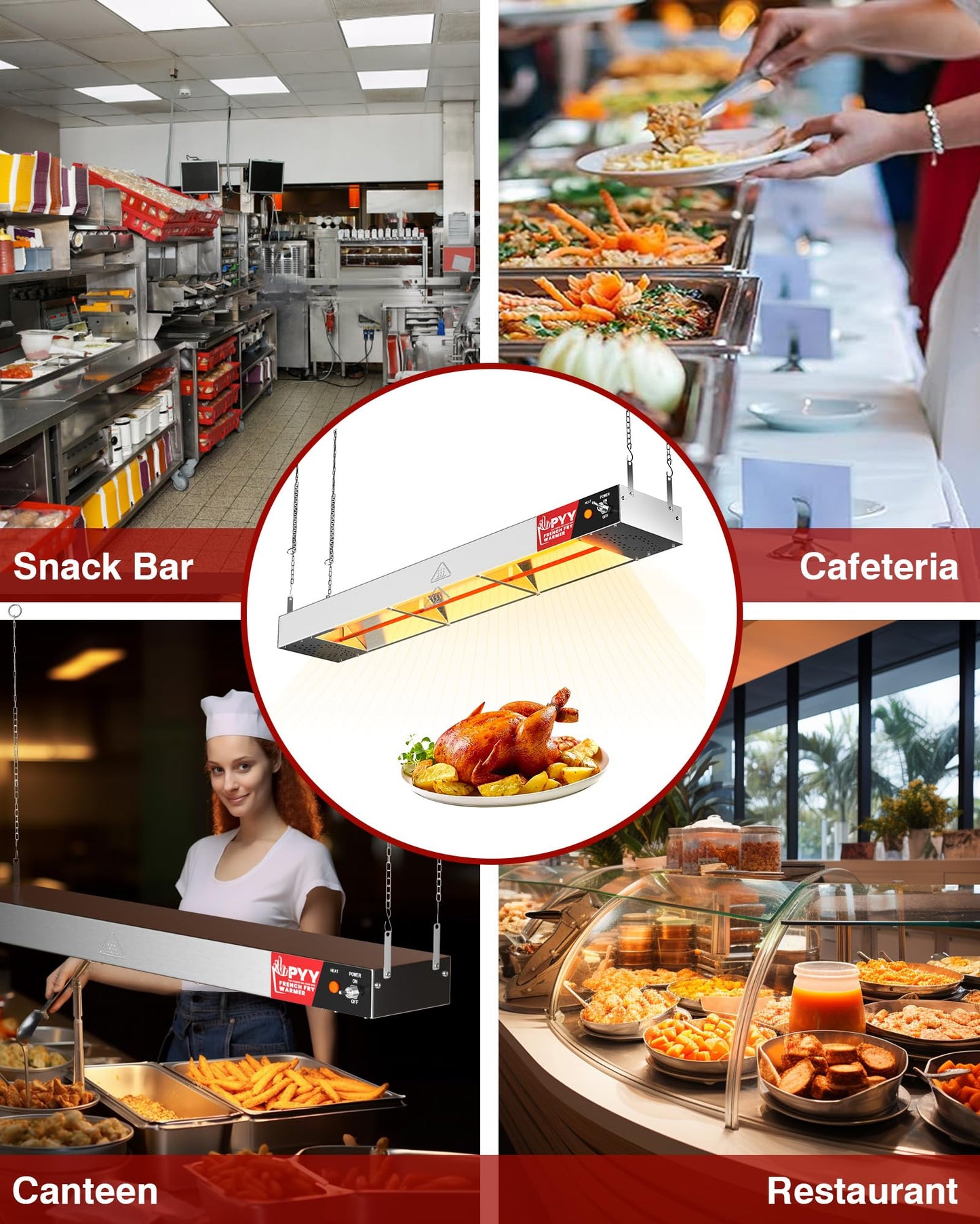 PYY 36 Inch Food Heat Lamp Strip - Commercial Food Heating Warmer, 500W Hanging Stainless Steel Electric Strip Heater, Food Service Restaurant