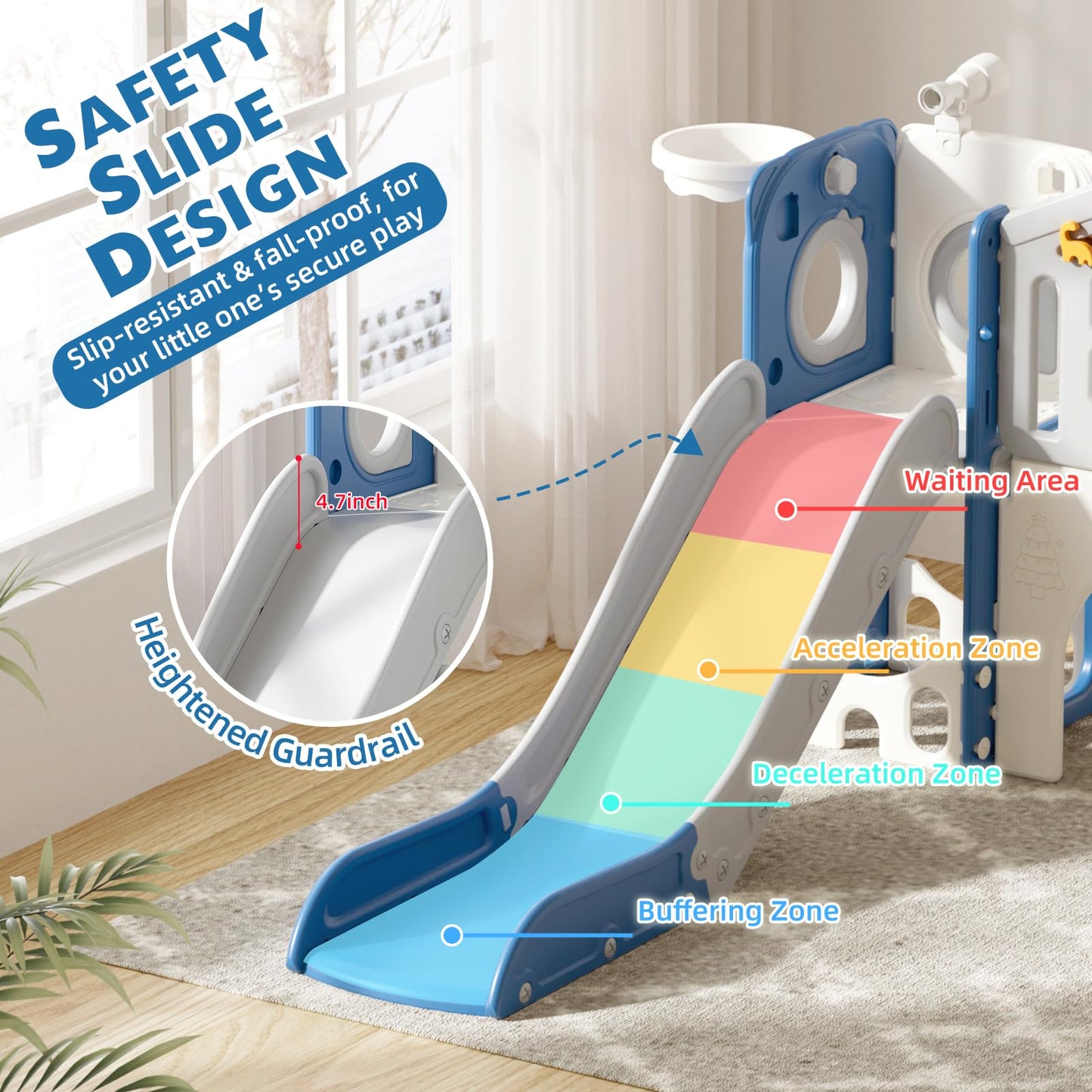 67i 10-in-1 Toddler Playground Set with Slide & Climber, Indoor Outdoor Play Gym for Toddlers 1-3, Quick Compact Setup Kids Playset with Basketball Golf Ring Toss Telescope Dino Area (Blue Gray)