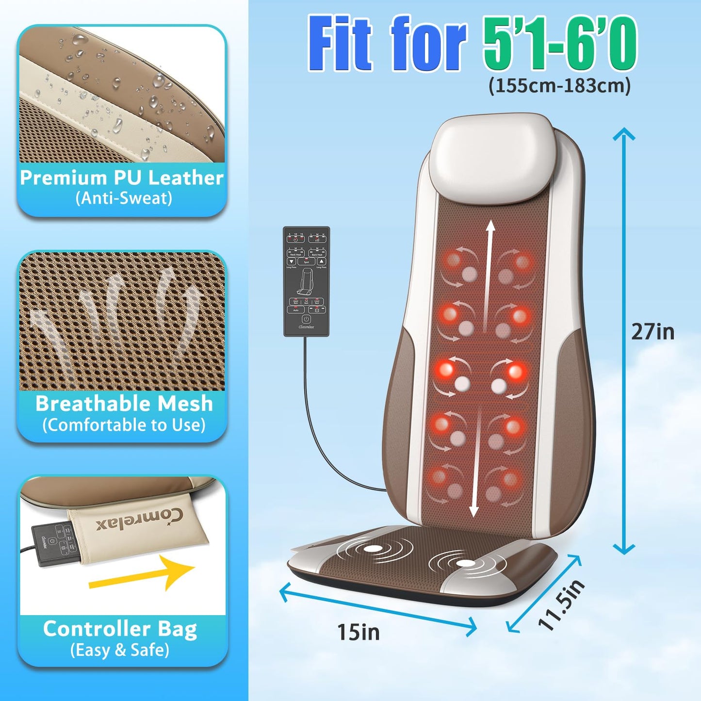 comrelax Shiatsu Back Massager with Heat, Massage Chair Pad Seat Cushion for Stress Relief, Deep Tissue Kneading & Roller, 2 Vibration Motors, Back Waist Hip Massager, PU Leather, with 2 Adapters