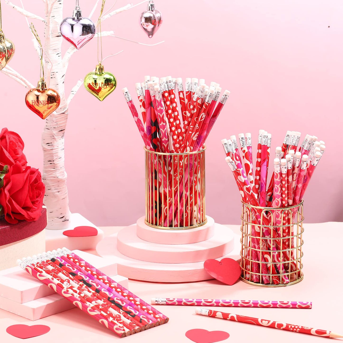 Yexiya 600 Pieces Red Heart Pencils Novelty Heart Cupid Rose Love Printed Pencils Assorted for Teachers Nurses Students Gifts School Mother's Day Party Supplies