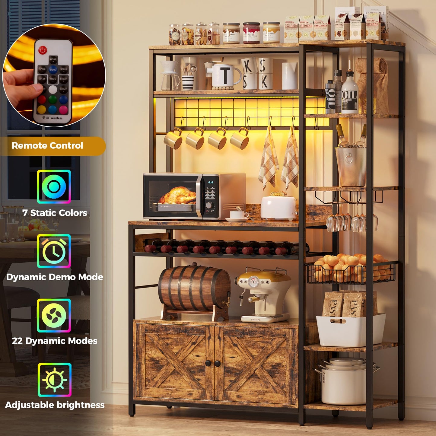IRONCK Bakers Rack with Power Outlet, Kitchen Microwave Stand with Storage Cabinet, 47.24 Inch Coffee Bar Cabinet, Kitchen Racks with Shelves, LED Light, Globlet Holder and Wine Basket, Vintage Brown
