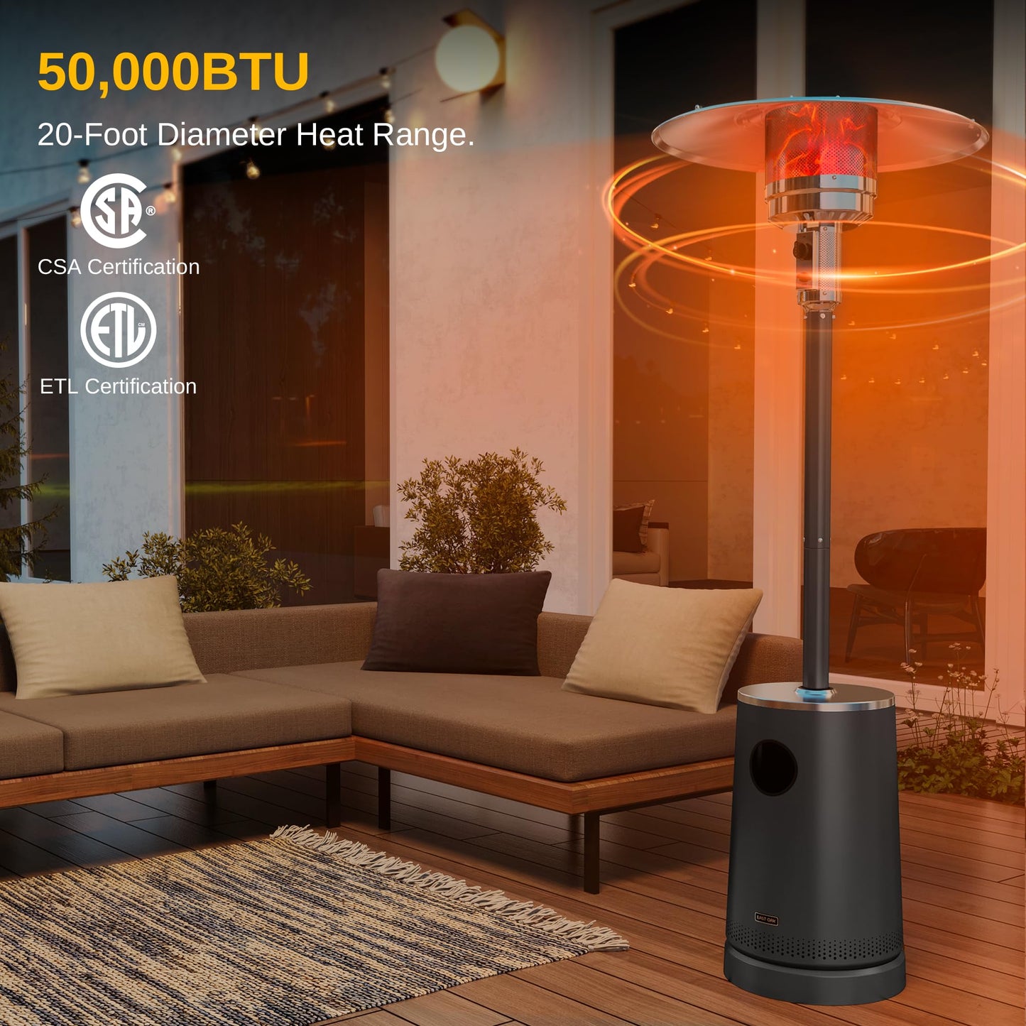 EAST OAK 50,000 BTU Patio Heater with Sand Box, Table Design, Double-Layer Stainless Steel Burner, Wheels, Triple Protection System, Outdoor Heater for Home and Residential, Polar Night