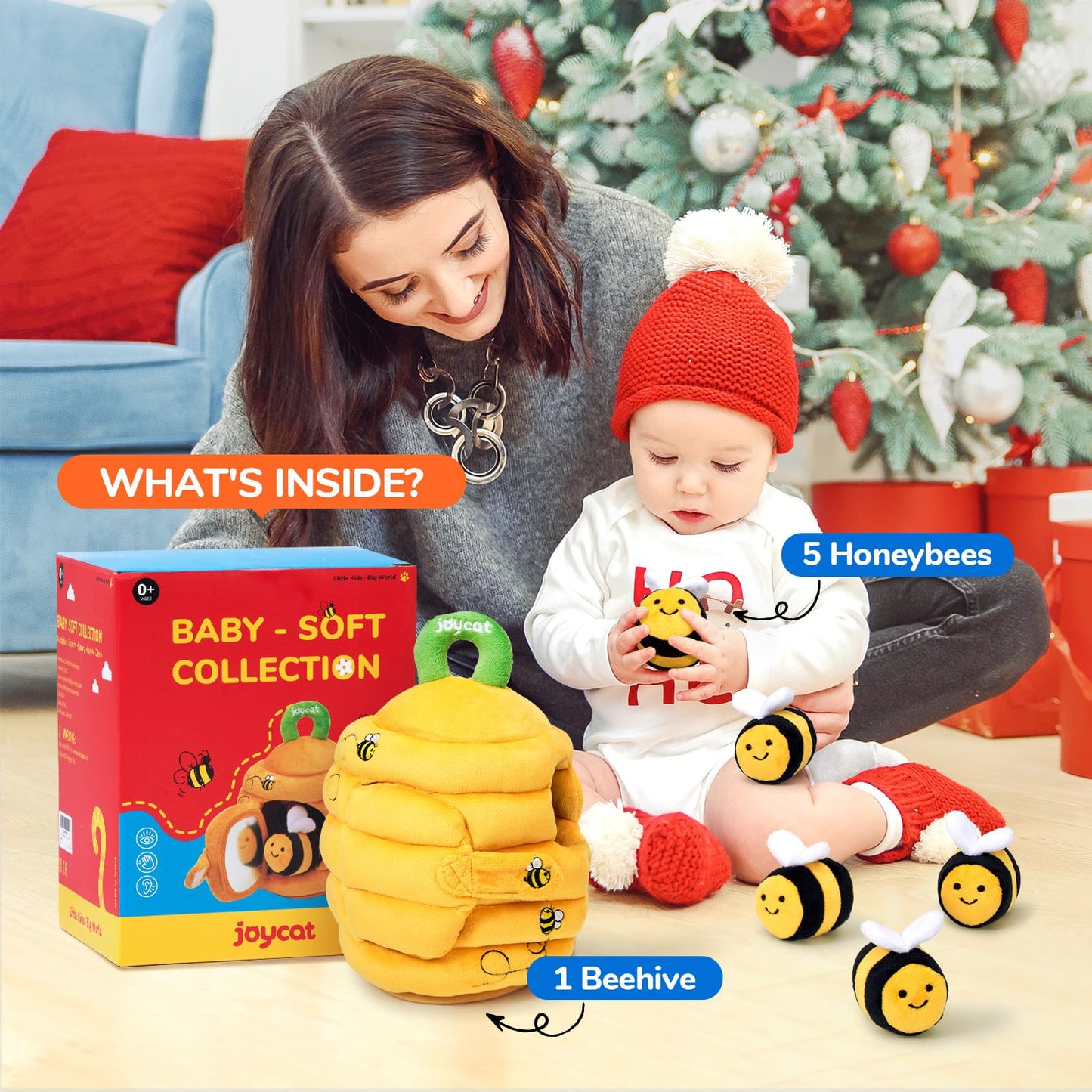 JoyCat Farm Animal Busy Book+ Soft Baby Beehive with 5 Soft Sensory Bees - Honeybee Plush Toy for 0-12 Months - Rattle, Crinkle Paper, Squeaker, Mirror, Busy Toy for Babies 6-12 Months, 0-3 Years Old