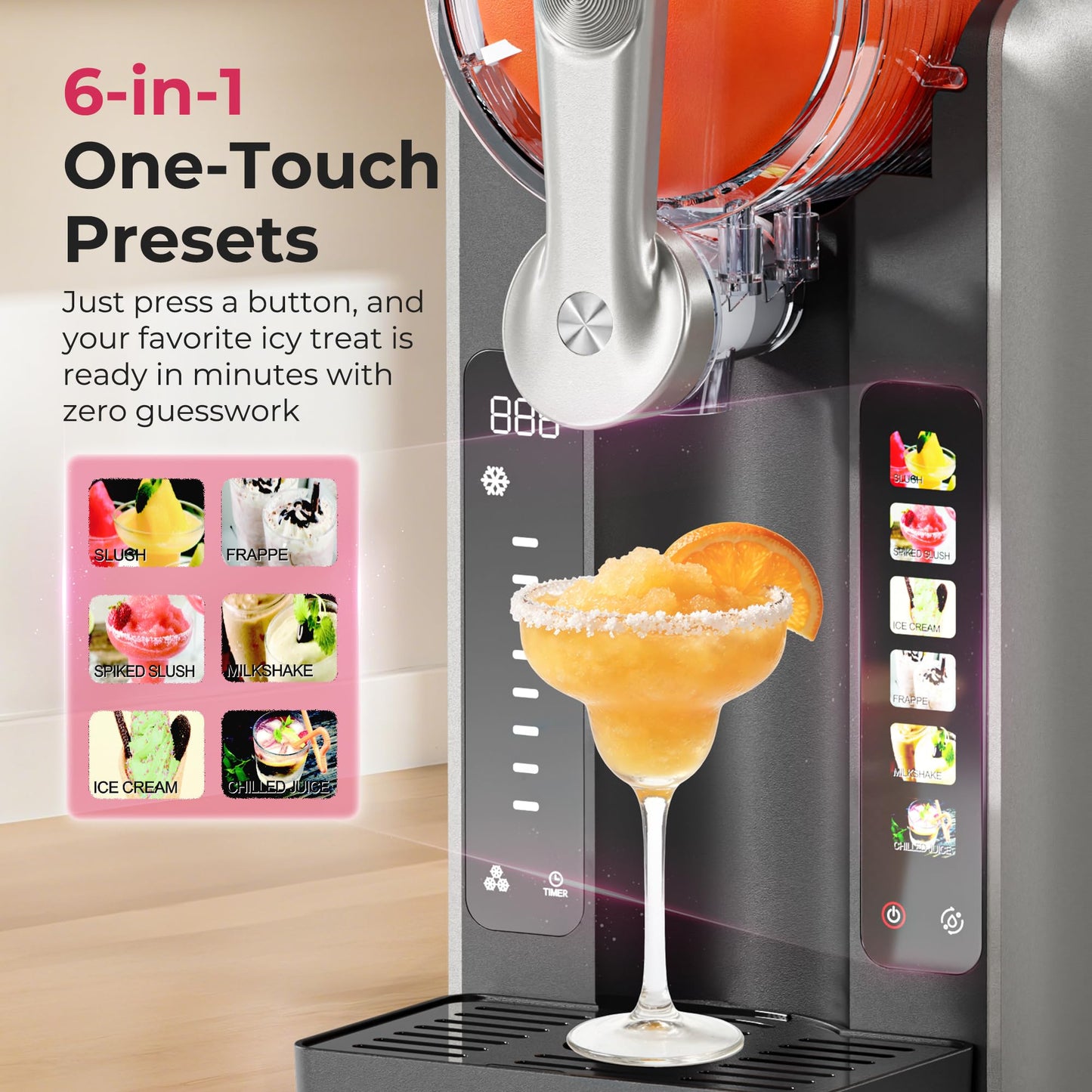 Slushie Machine for Home, No Ice Needed Frozen Drink Maker with Auto-Clean, LED Display, Perfect for Margaritas, Frappés, Milkshakes and More, Family Gatherings & Home Bar, Grey, 1 Pack+6 Modes