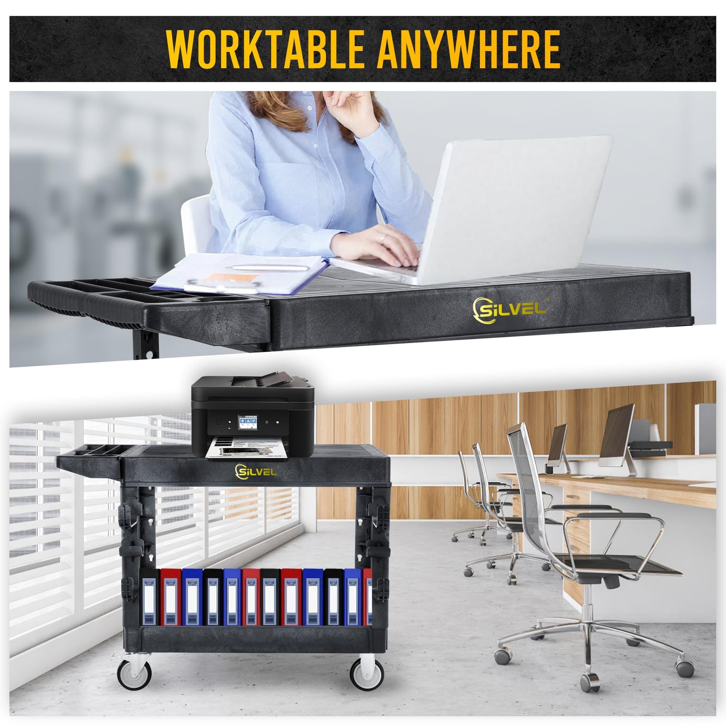 SILVEL Flat Top Utility Cart 45.6X25.2in Heavy Duty Flat with Full Swivel Wheels 600LBS Capacity 2 Shelf Service Cart Rolling Utility Carts with Wheels Ergonomic Handle for Warehouse,Garage,Cleaning