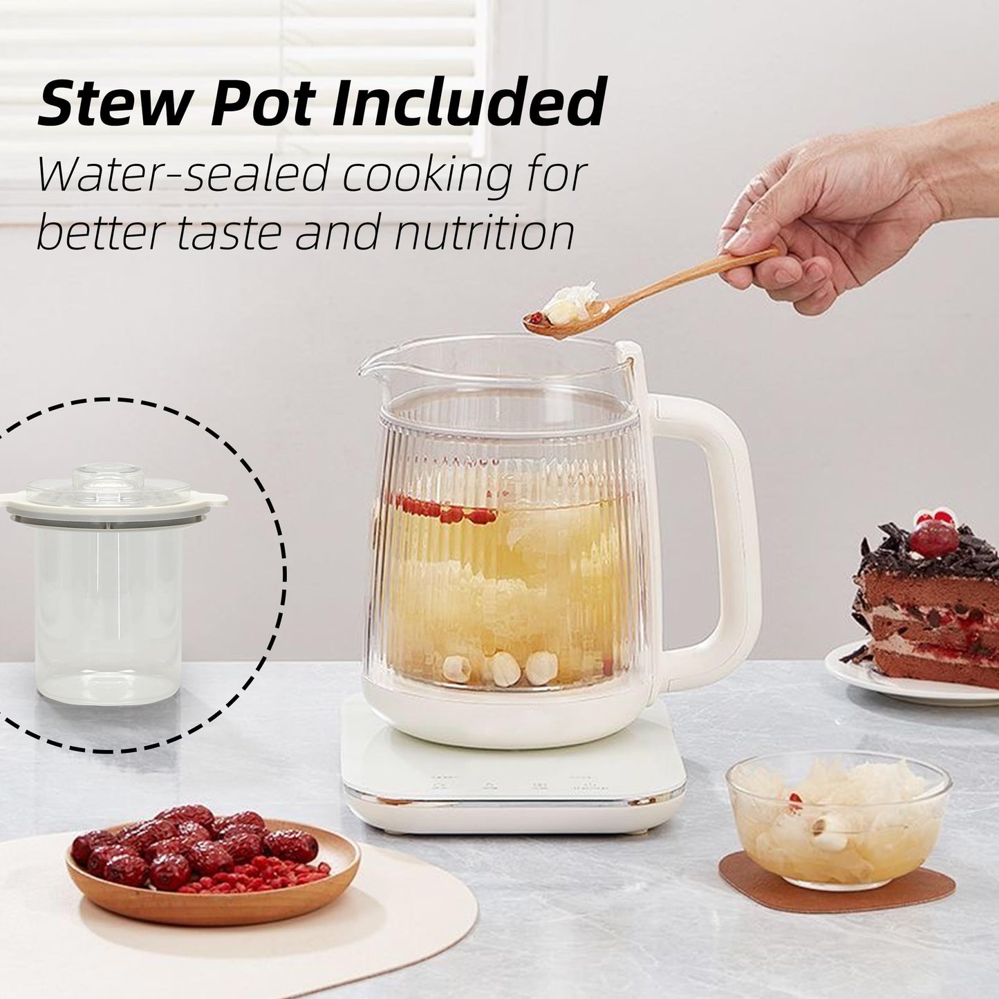Health Pot, 1.5L Double-Layer Glass Electric Kettle with Stew Pot, 9-in-1 Multi-Function Tea Maker for Soup, Porridge, Herbal Tea, Stainless Steel Base, Glass Touch Panel, Programmable