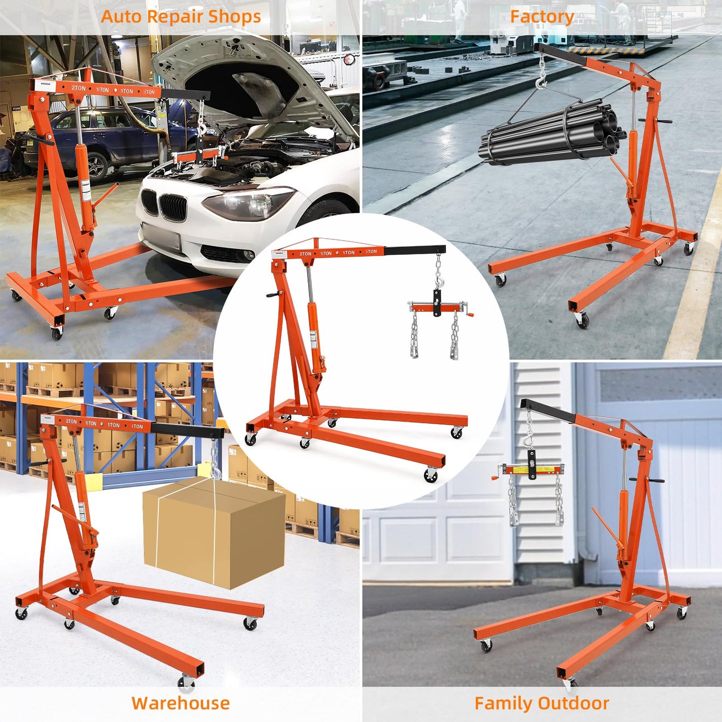 DEXSO 2 Ton Folding Hydraulic Engine Hoist with Lever, Folding Engine Shop Crane Hoist Lift, Heavy Cherry Picker with 6 Wheels for Garage, Workshop,Orange