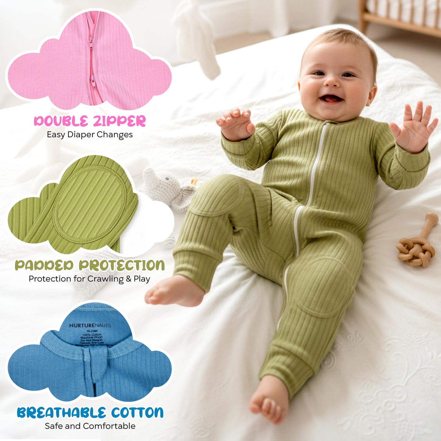 NurtureNauts® Crawling Baby Romper with Built-in Knee & Elbow Pads - 100% Cotton, 2-Way Zipper, Tagless for Active Babies (Pastel Pink, 12–18 Months)