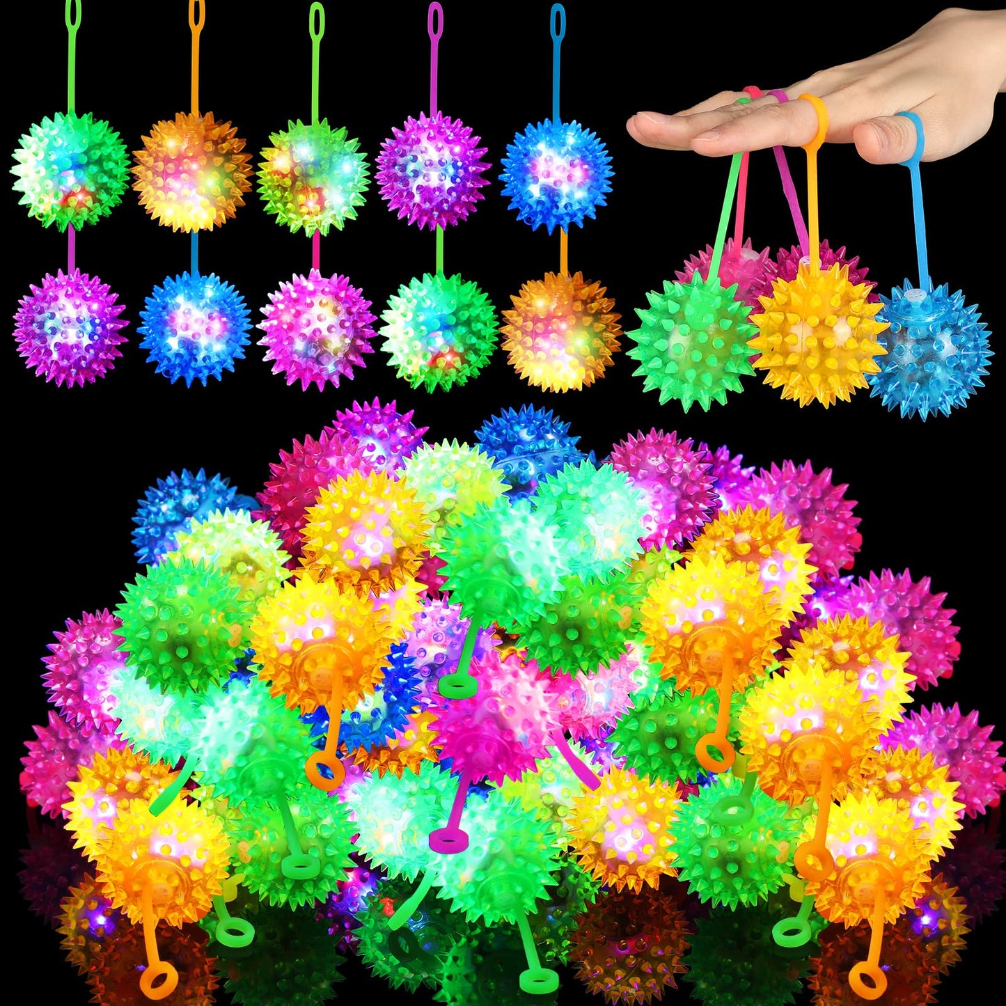 Sotiff 200 Pcs Light up Ball Spiky LED Bouncy Ball Flashing Squeaky Multicolor Puffer Toy Rubber Sensory Toy Carnival Prizes Bulk Party Favors for Teens, Adults, Children