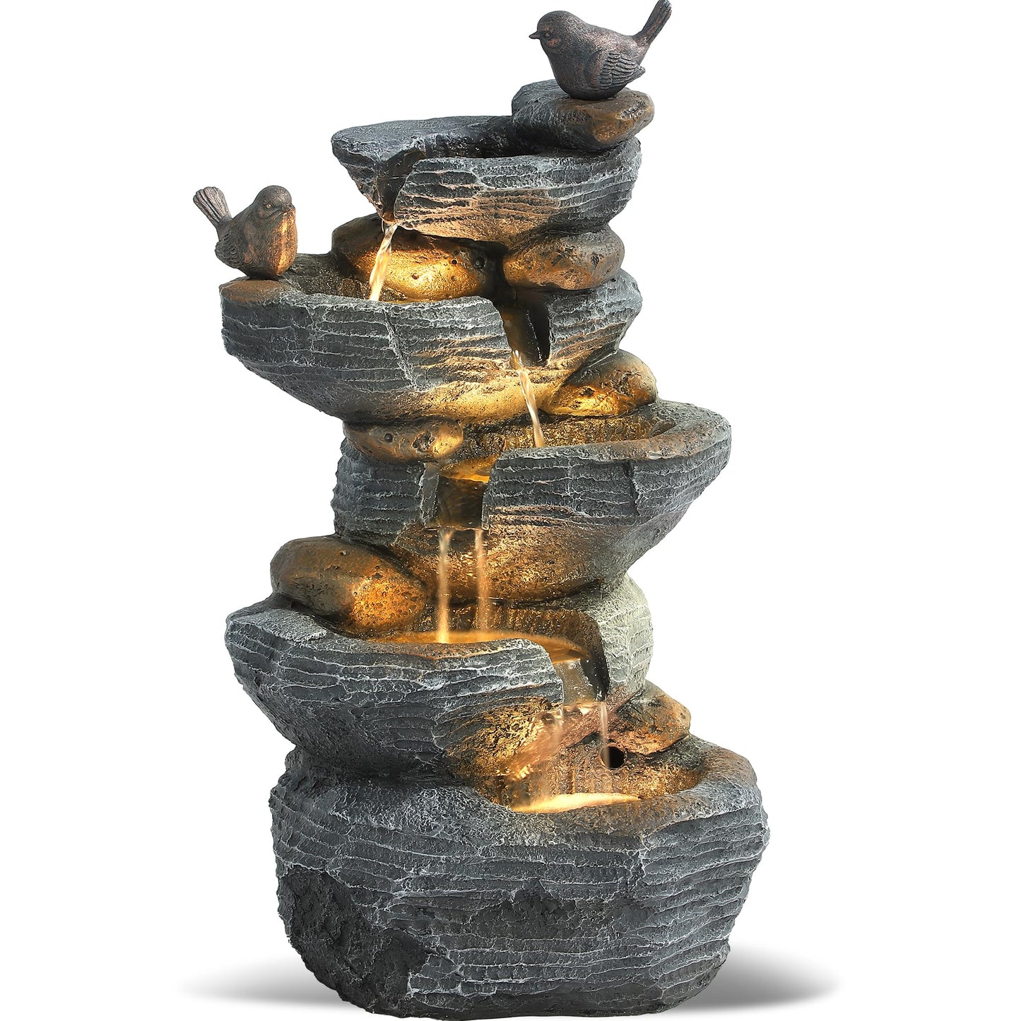 Grepatio Outdoor 5-Tiers Cascading Rock Water Fountain, Waterfall Fountain with 4 LED Lights, Outdoor Fountains and Waterfalls for Garden or Patio, Yard, and Deck Decor with Natural Stone Look