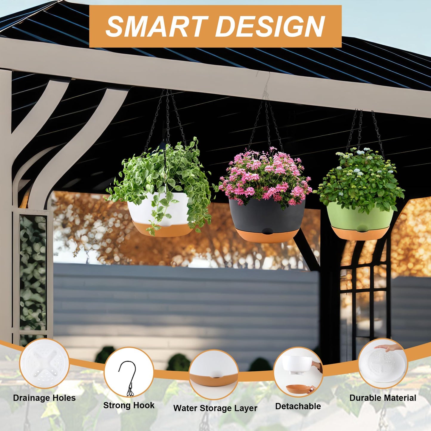 KPUVX 4 Pack Plastic Hanging pots for Plants Indoor,8 Inch Plant Pot Indoor Outdoor Hanging Baskets,Hanging Flower Pots with Drainage Holes and Chain for Garden Porch Plants(Black)