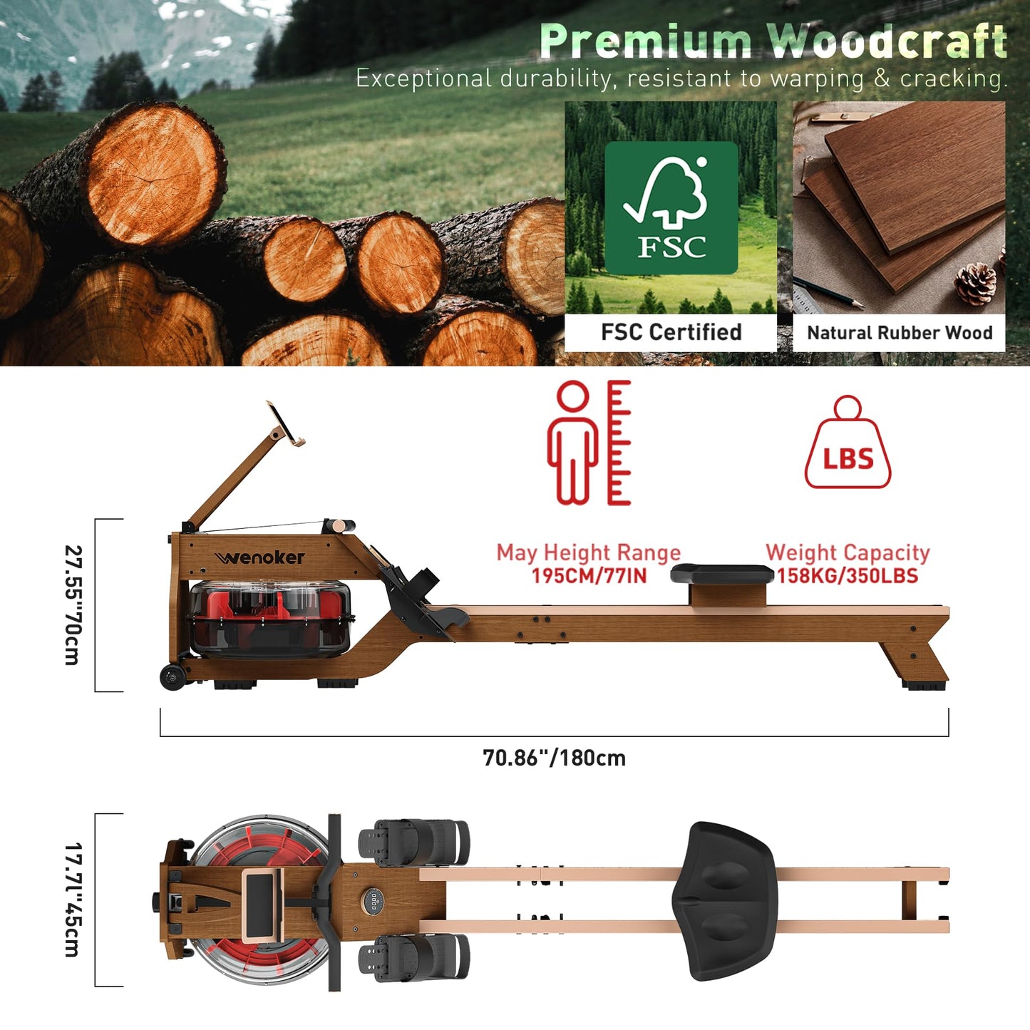 WENOKER Water Rowing Machines for Home Use, Water-Magnetic Dual Resistance Rower Machine with Smart Electronic Knob,Wooden Row Machine with Bluetooth App Compatible for Home Gym Exercise 350 LBS