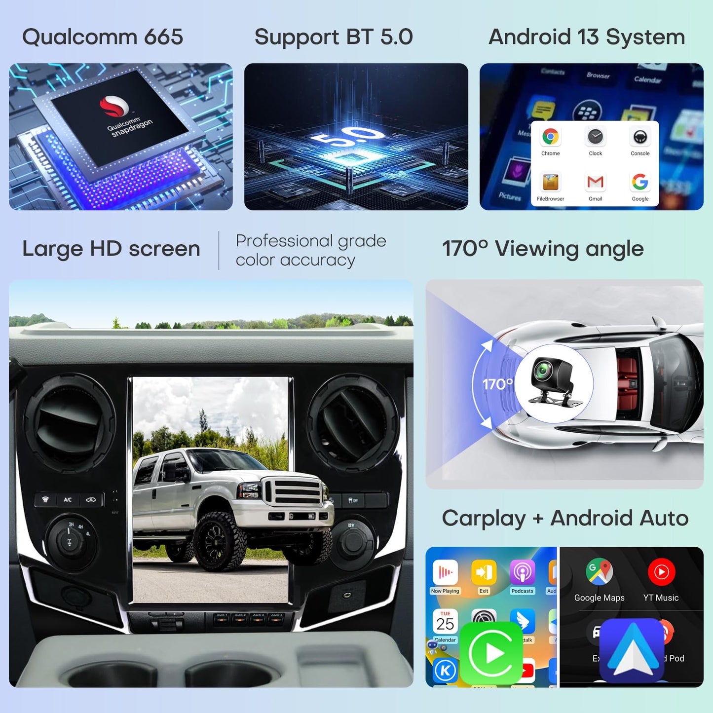 Qualcomm Car Radio for Ford F250 F350 2009-2012 F450 F650 2009-2016 Stereo Replacement Carplay Android Auto Upgrade 12.1 Inch 2K IPS Touch Screen Android 13 Tesla Style Head Unit Navigation