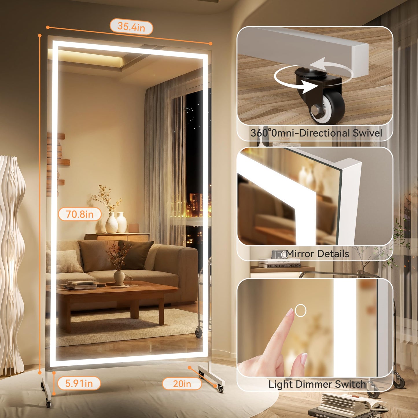 Hasipu Home Gym Mirror with Light 360° Swivel on Wheels, 71" x 36" Extra Large Full Length Rolling LED Mirror for Yoga Studio, Bedroom, Dancing Studio, White