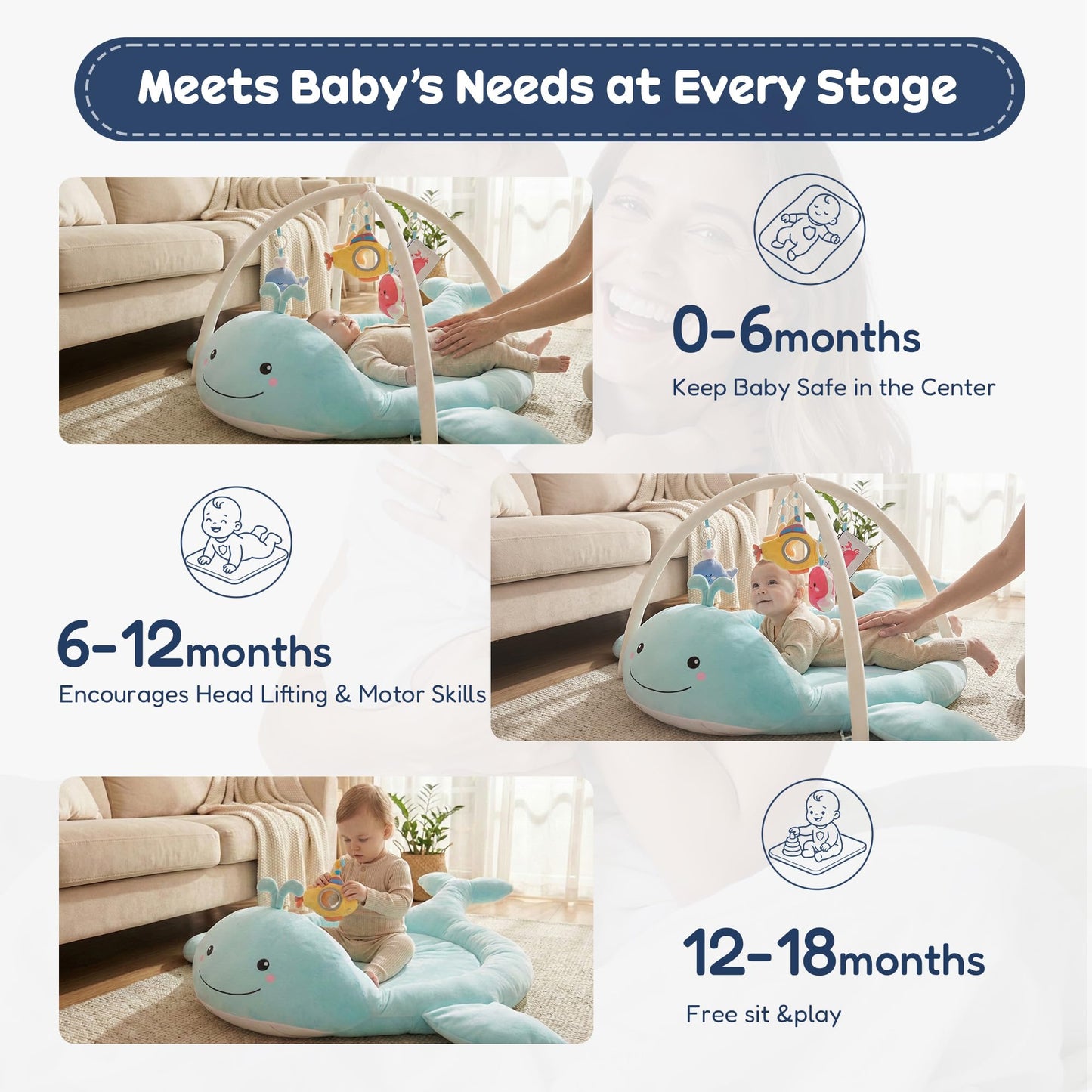BubblinHome Baby Play Mat, Whale Tummy Time Mat with Toys, Baby Activity Gym for Infants 0–12 Months Sensory Floor Mat for Boys & Girls