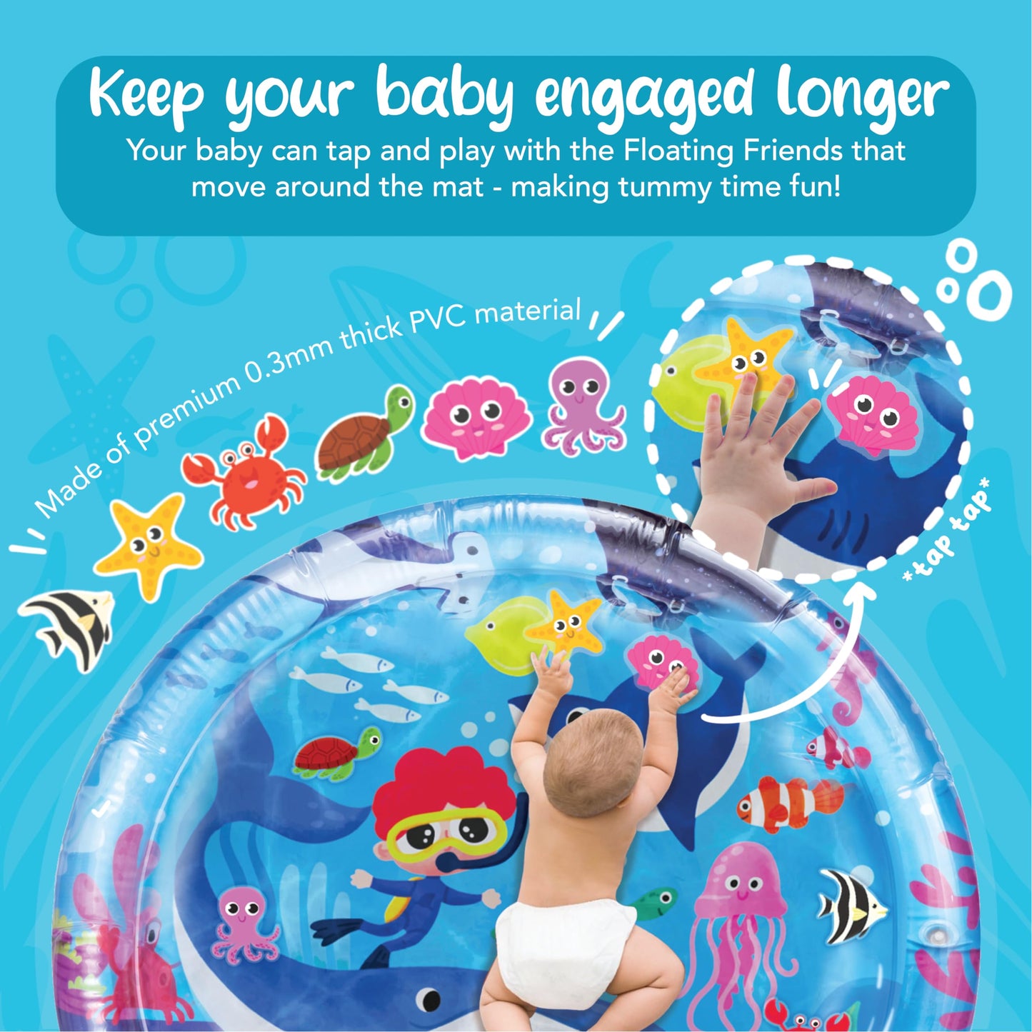 KooKooBaby Tummy Time Water Mat for Babies - Xtra Large Sensory Baby Water Mat for Tummy Time & Motor Development - Leak-Proof Water Pad, Durable Infant Water Play Mats for Baby Boys & Girls 3 Months+