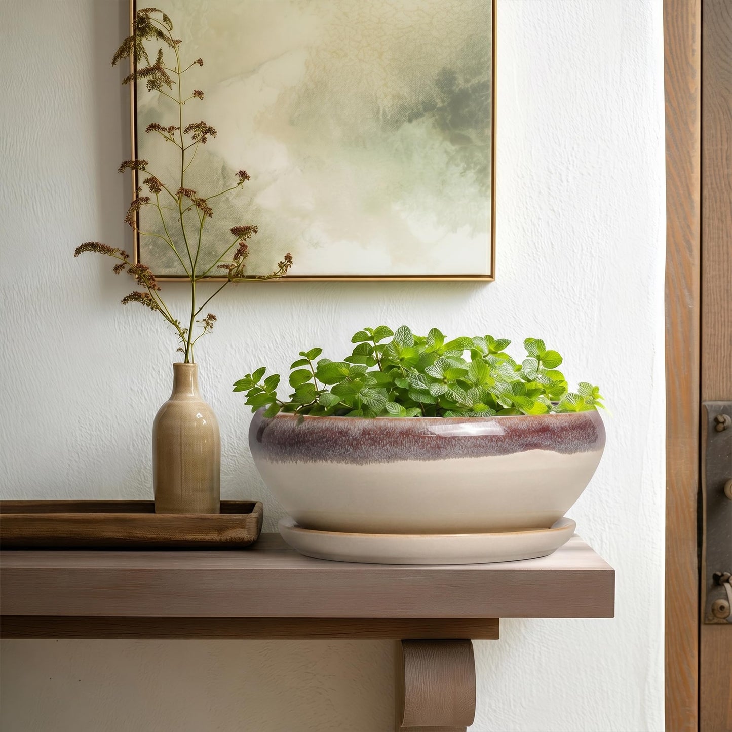 SQOWL Bonsai Tree Pots - 10 Inch Ceramic Succulent Pots, Round Shallow Planter with Drainage Hole and Tray, Bowl Planter for Indoor Outdoor Plants Flowers, Room Decor, Garden Gifts, Beige